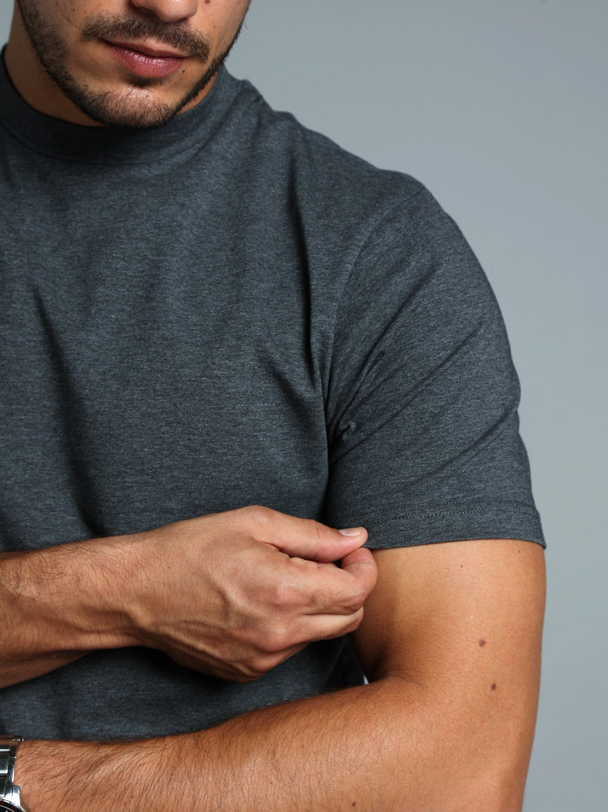 Hi-Neck Pima Cotton T-Shirt - Dark Grey