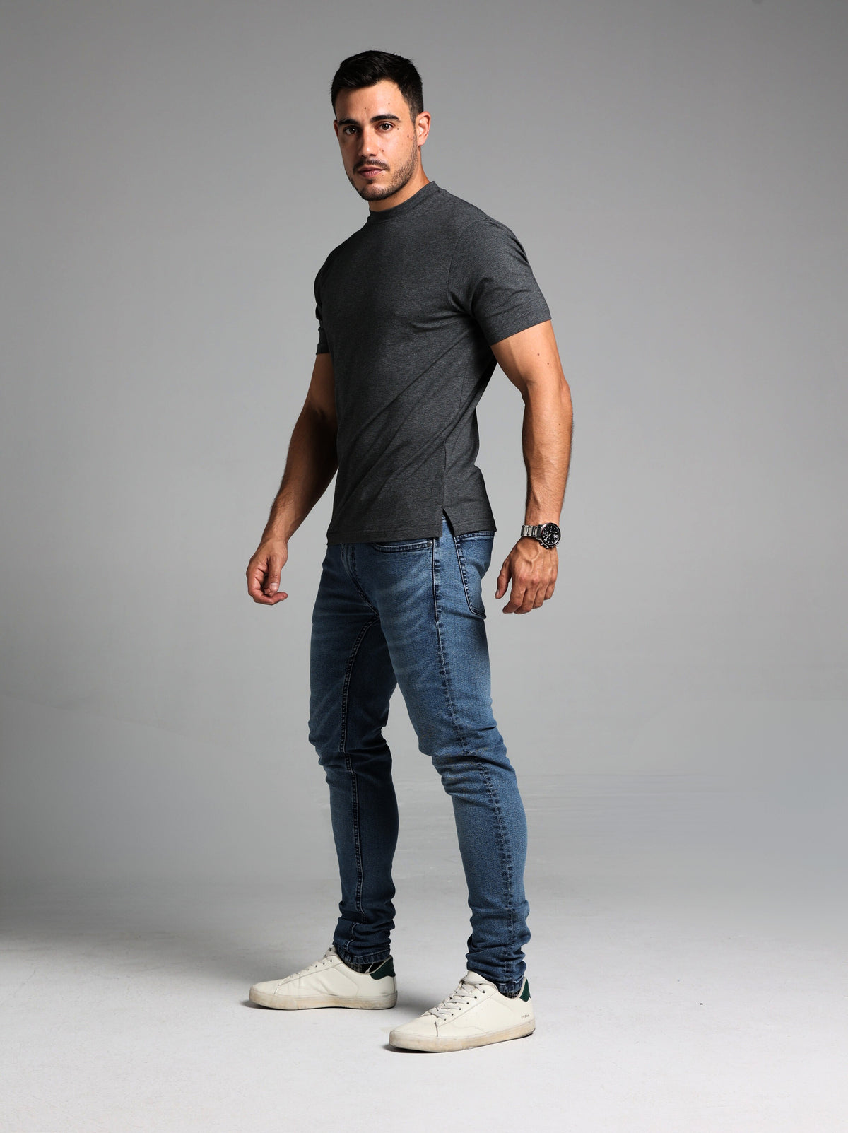 Hi-Neck Pima Cotton T-Shirt - Dark Grey