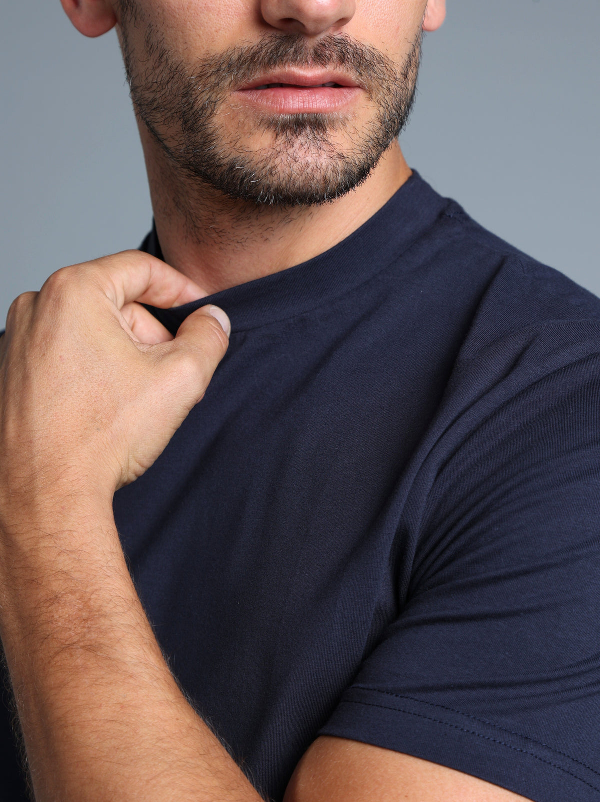 Hi-Neck Pima Cotton T-Shirt - Navy Blue
