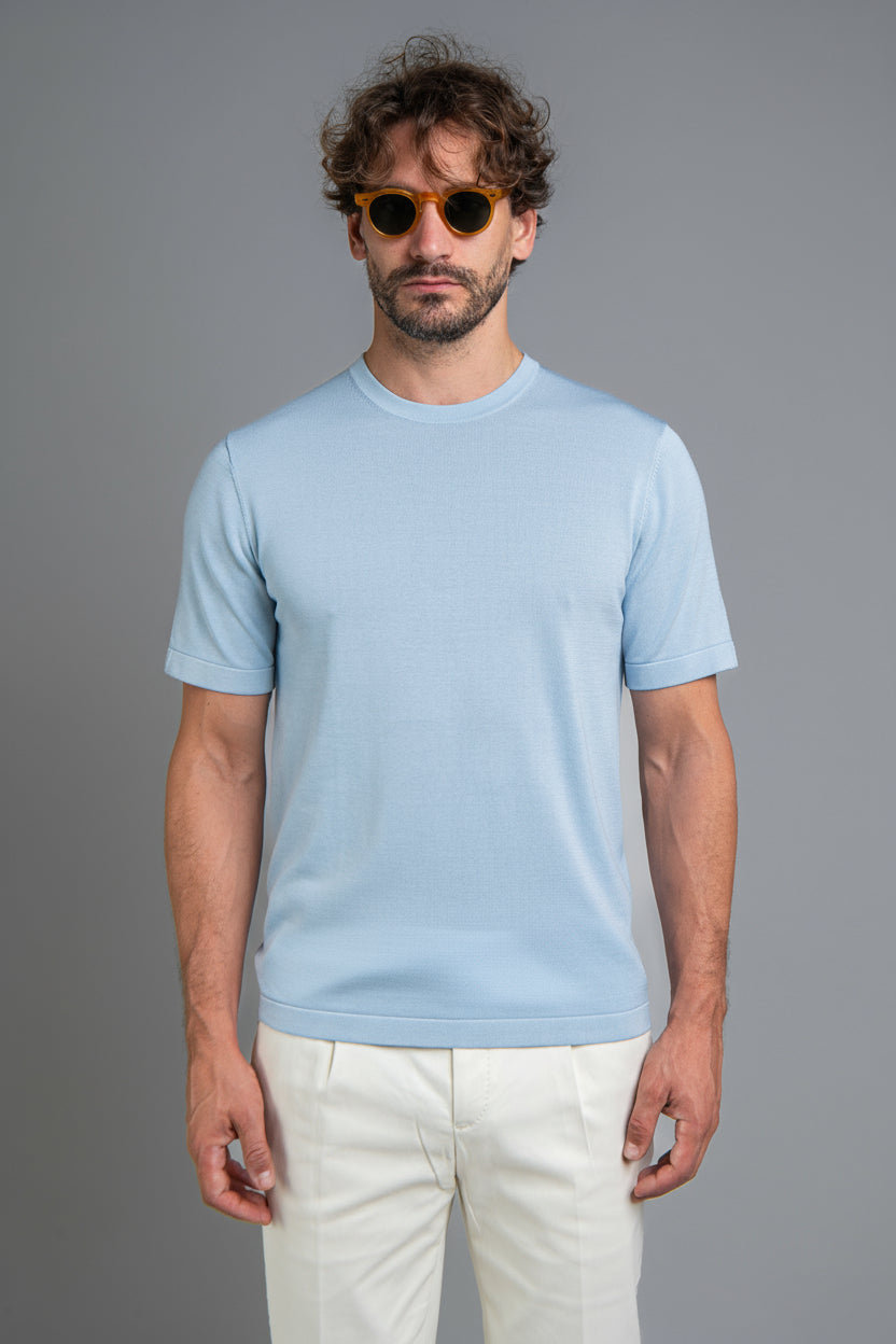 Crew Neck - Knitted Cotton/Silk T- Shirt - Light Blue