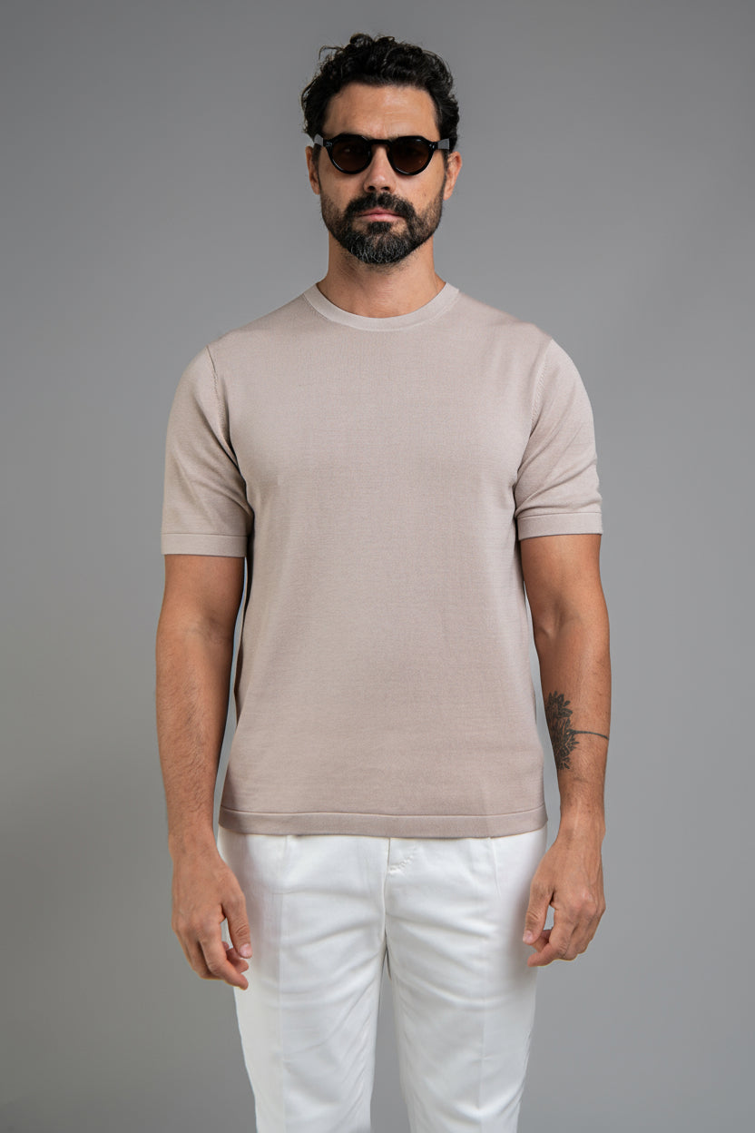 Crew Neck - Knitted Cotton/Silk T- Shirt - Light Taupe