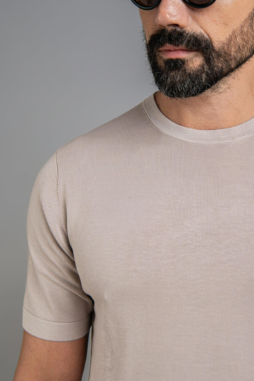 Crew Neck - Knitted Cotton/Silk T- Shirt - Light Taupe