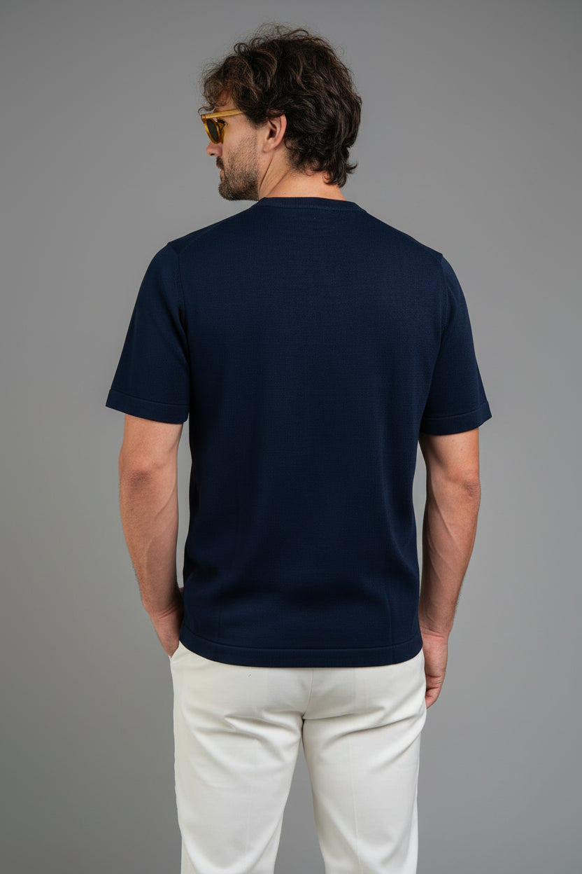 Crew Neck - Knitted Cotton/Silk T- Shirt - Navy Blue