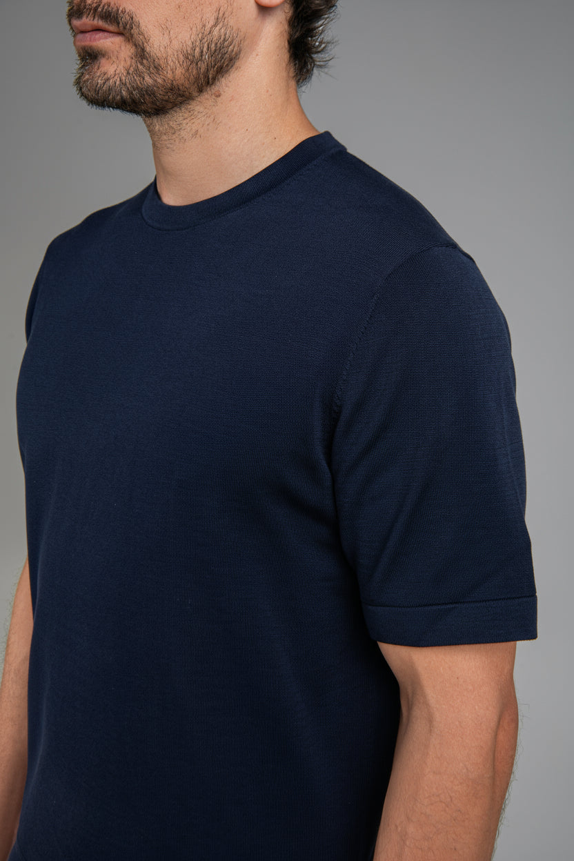 Crew Neck - Knitted Cotton/Silk T- Shirt - Navy Blue