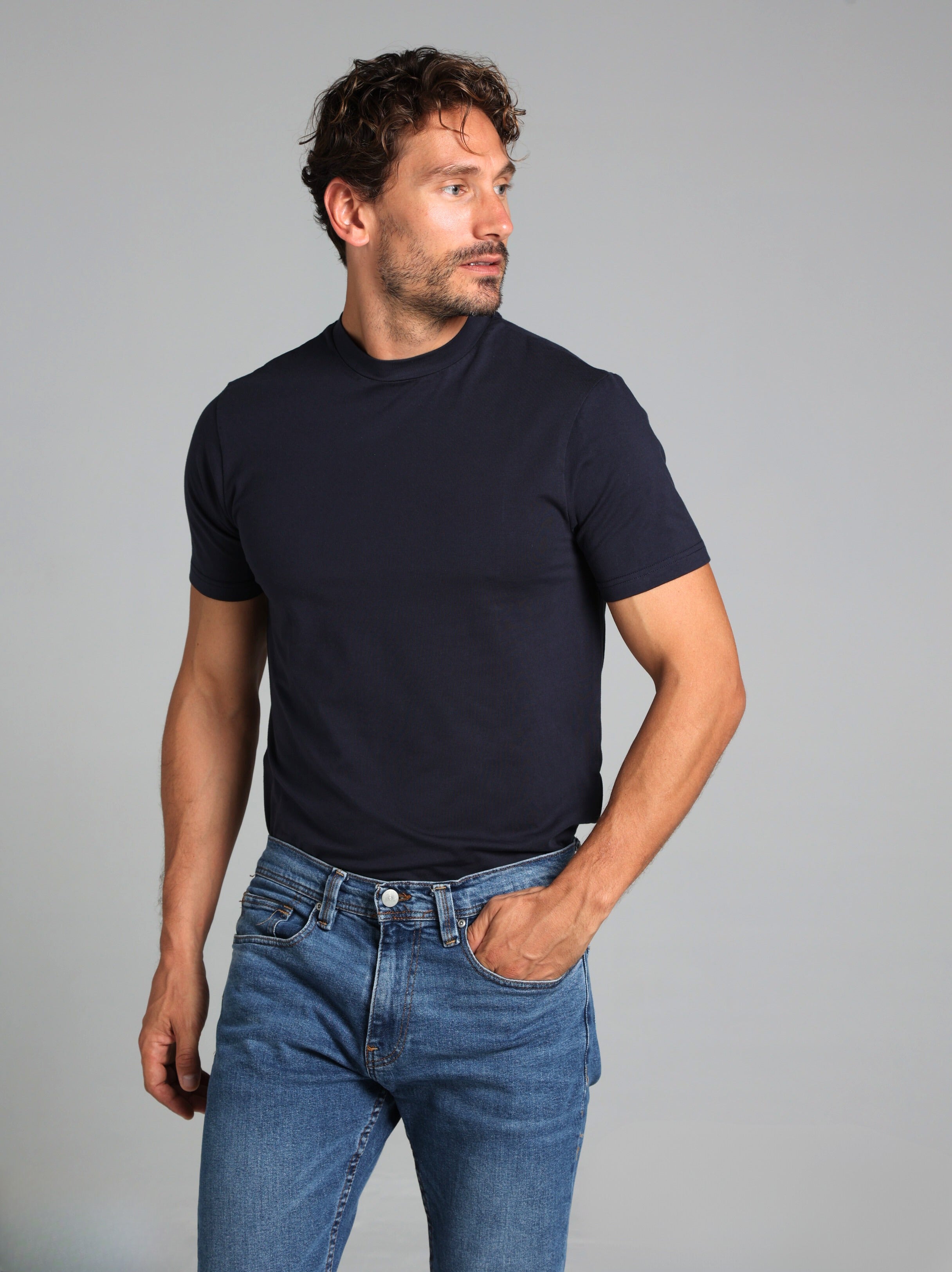 Hi-Neck Supima Cotton T-Shirt - Navy Blue