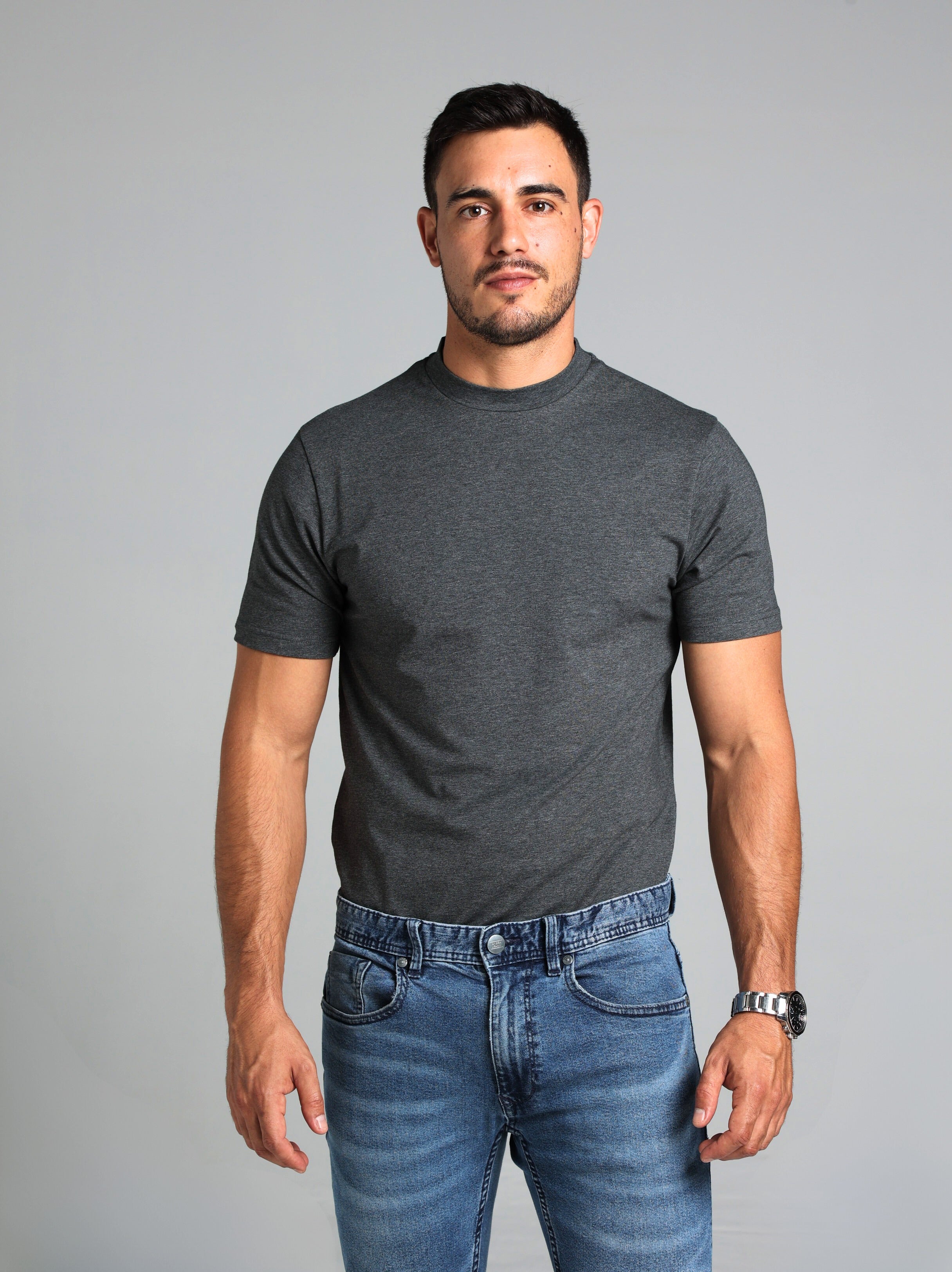 Hi-Neck Supima Cotton T-Shirt - Dark Grey