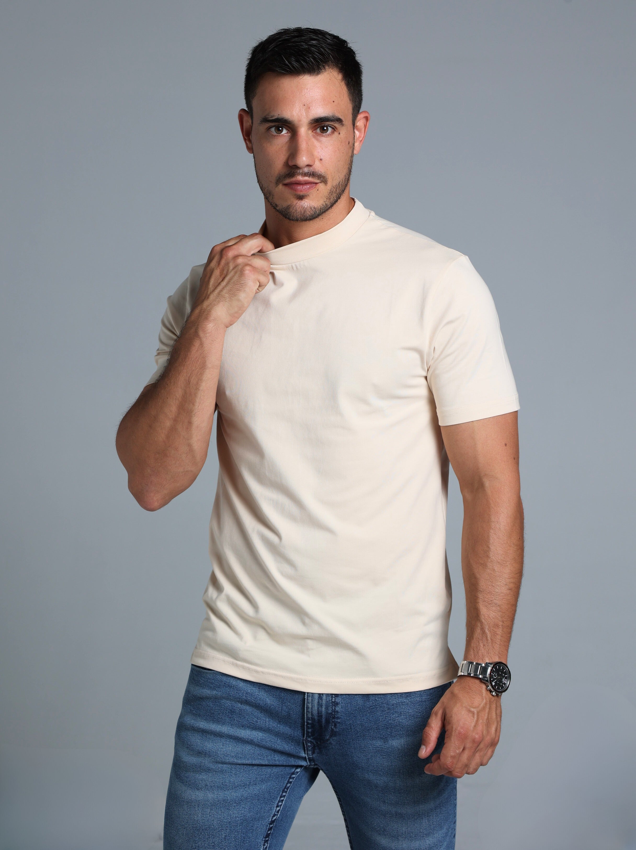 Hi-Neck Supima Cotton T-Shirt - Beige