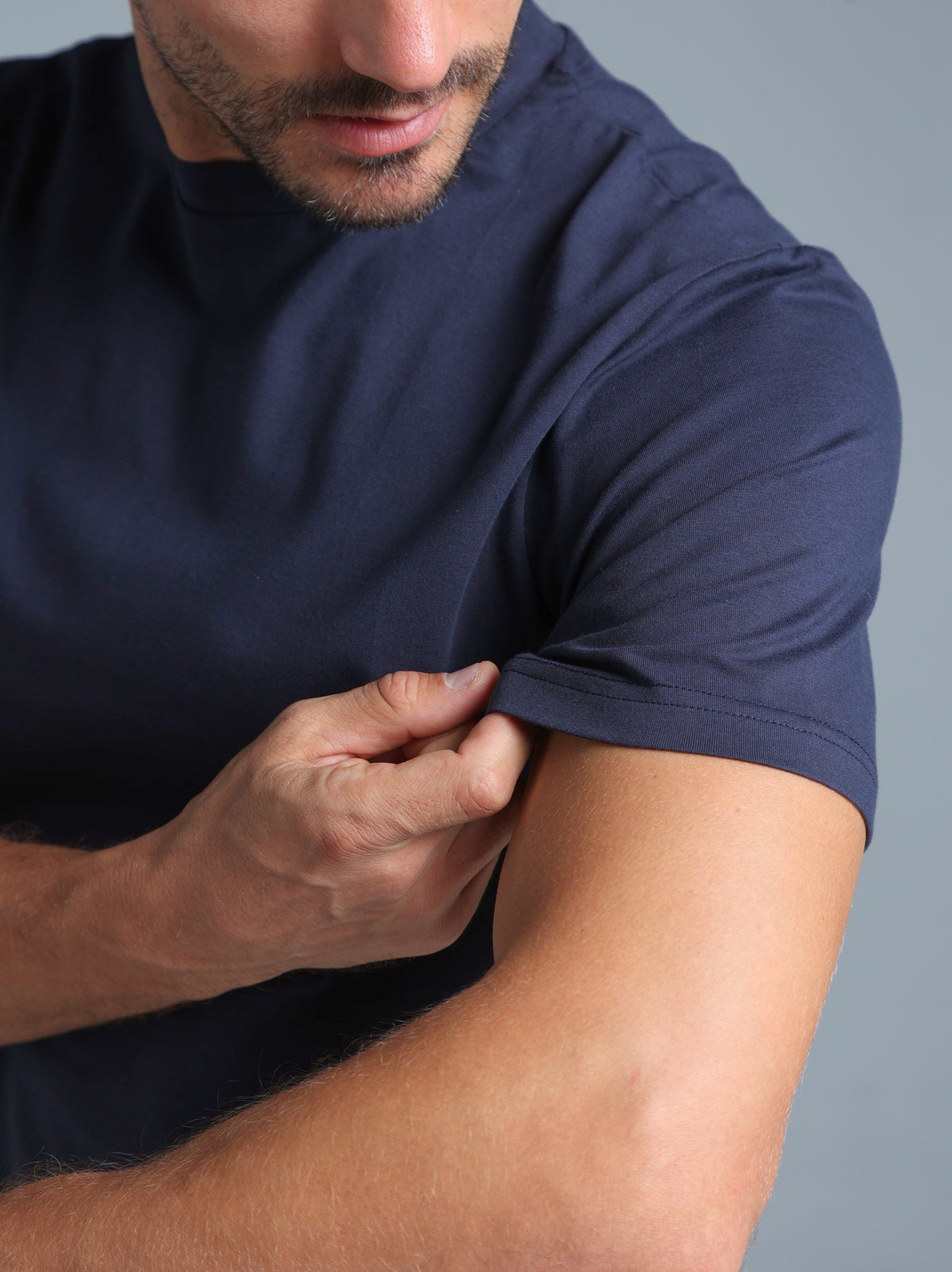 Hi-Neck Pima Cotton T-Shirt - Navy Blue