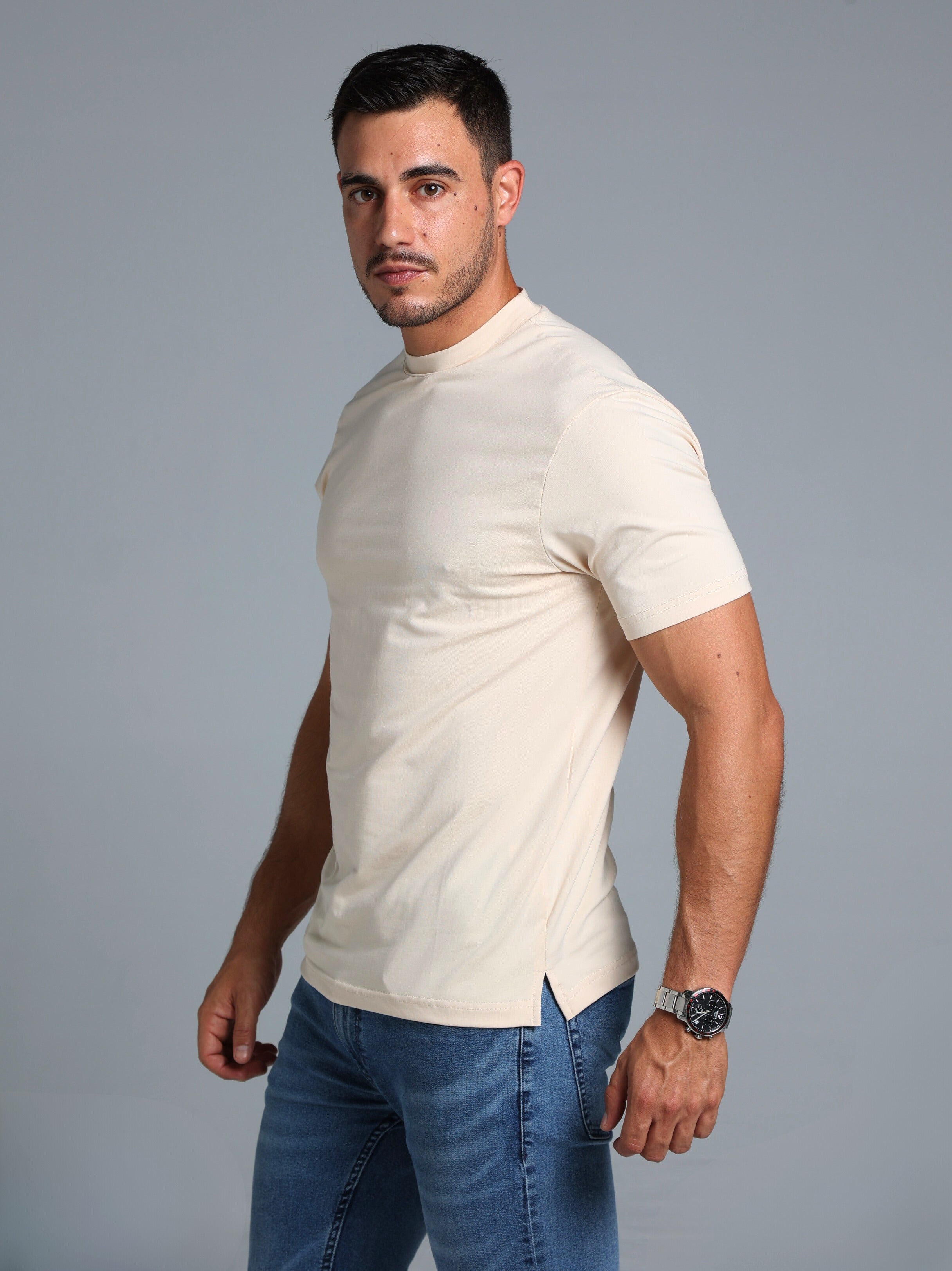 Hi-Neck Supima Cotton T-Shirt - Beige