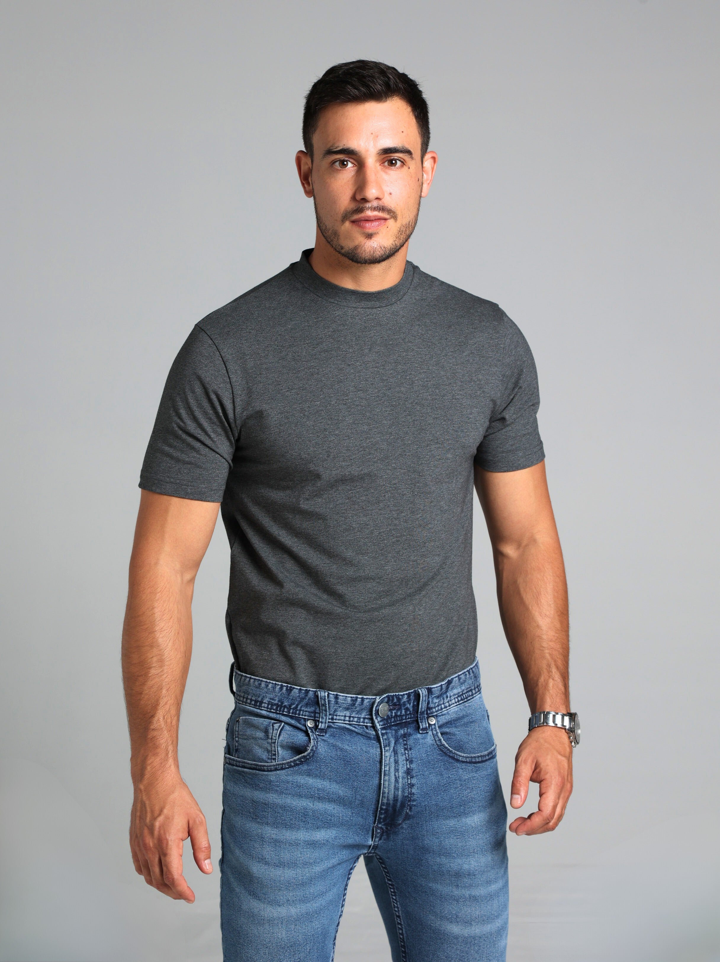 Hi-Neck Supima Cotton T-Shirt - Dark Grey