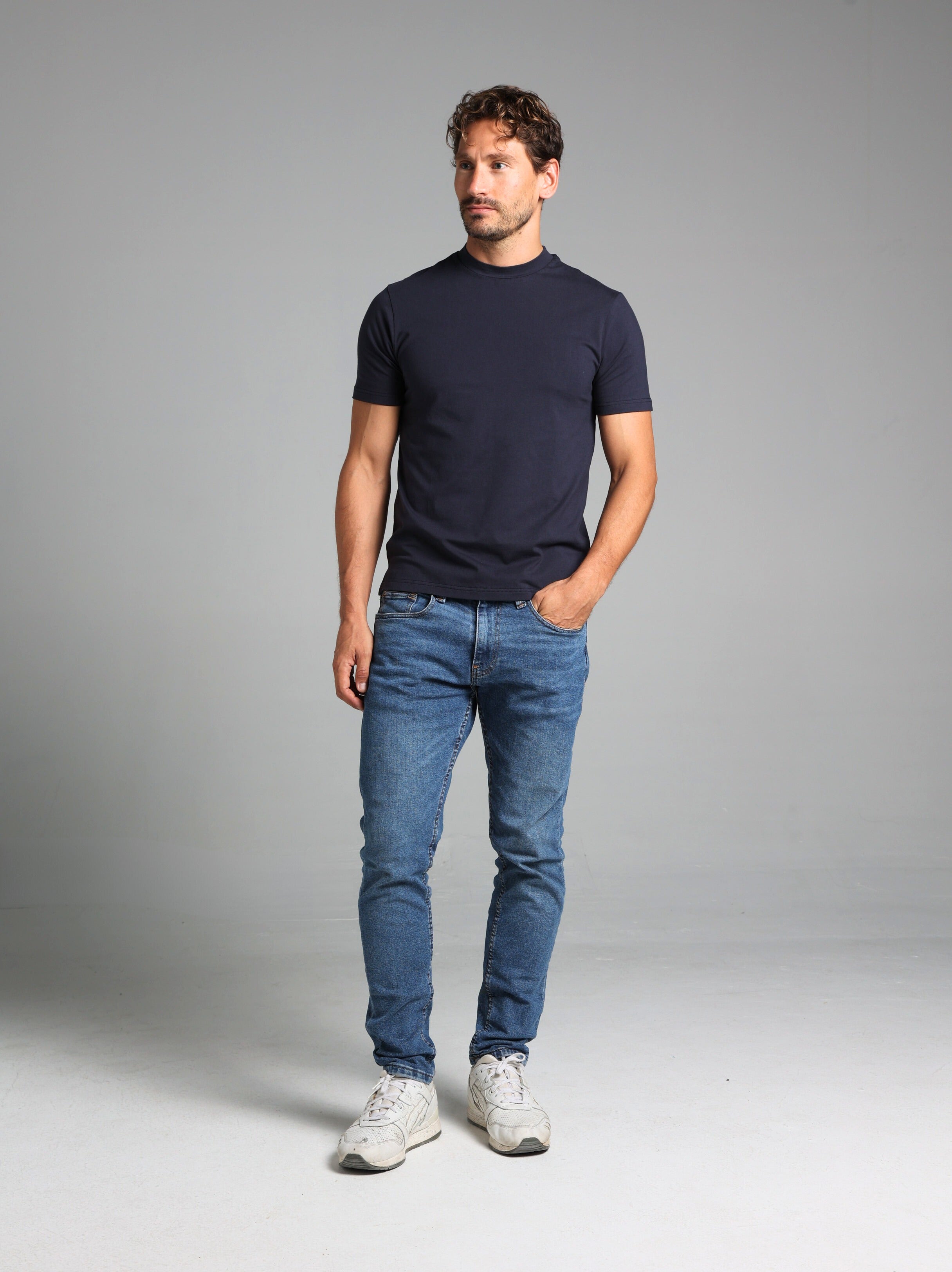 Hi-Neck Supima Cotton T-Shirt - Navy Blue