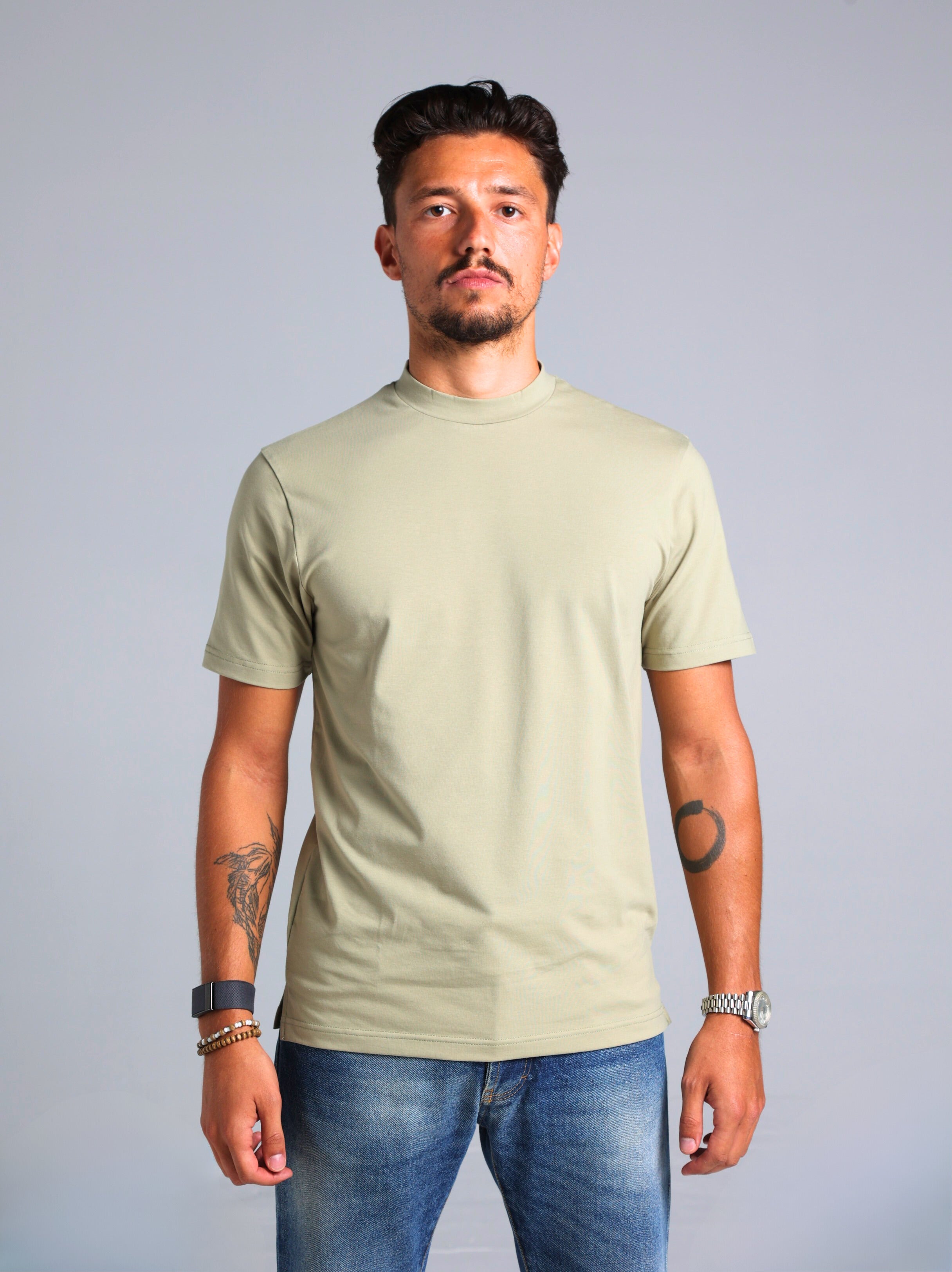 Hi-Neck Supima Cotton T-Shirt - Olive Green