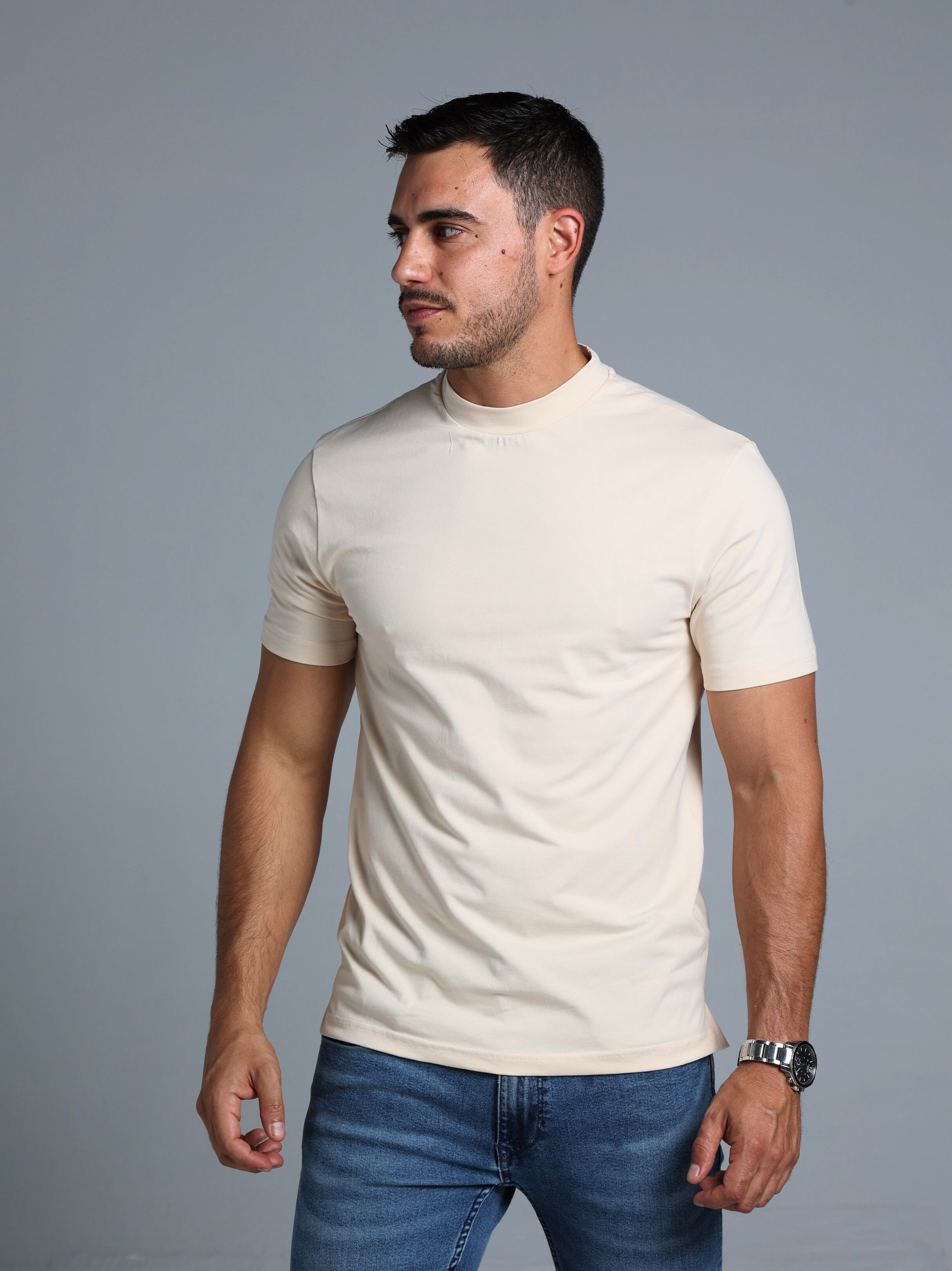 Hi-Neck Supima Cotton T-Shirt - Beige