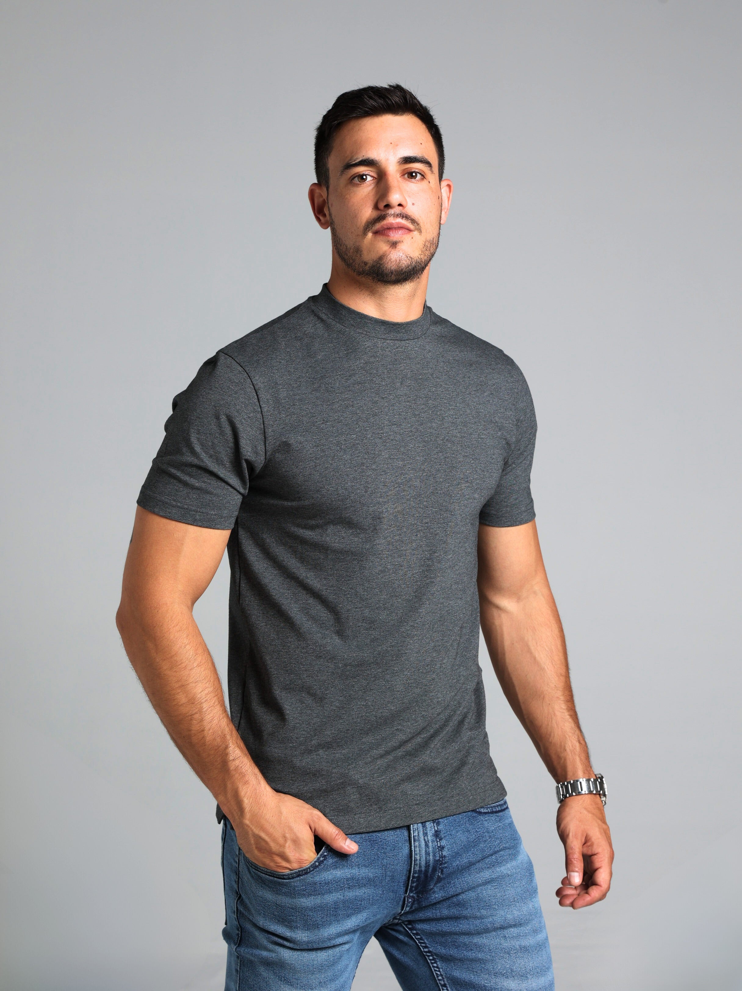 Hi-Neck Supima Cotton T-Shirt - Dark Grey