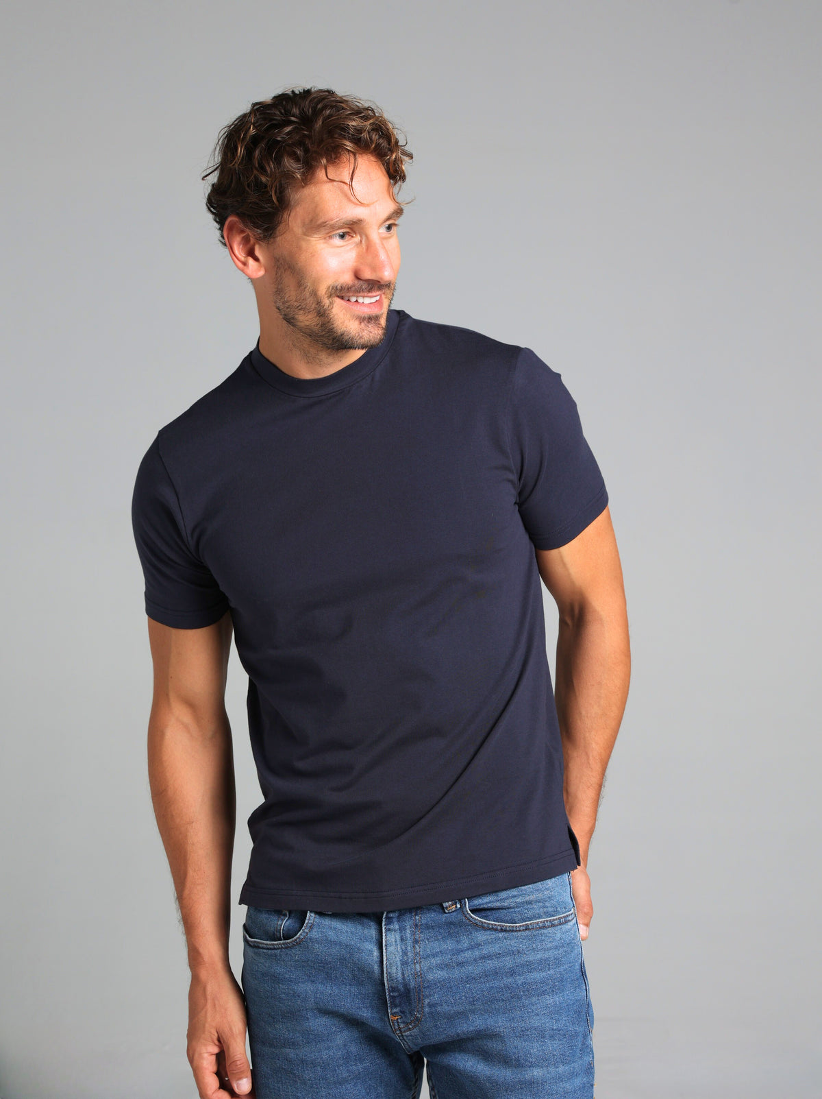 Hi-Neck Pima Cotton T-Shirt - Navy Blue
