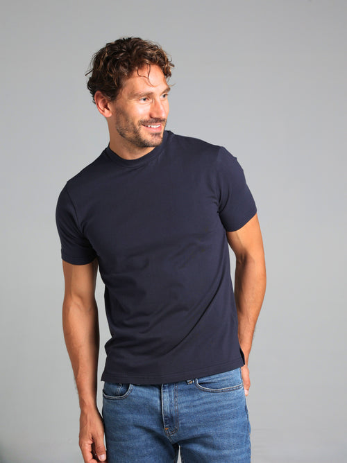 Hi-Neck Pima Cotton T-Shirt - Navy Blue