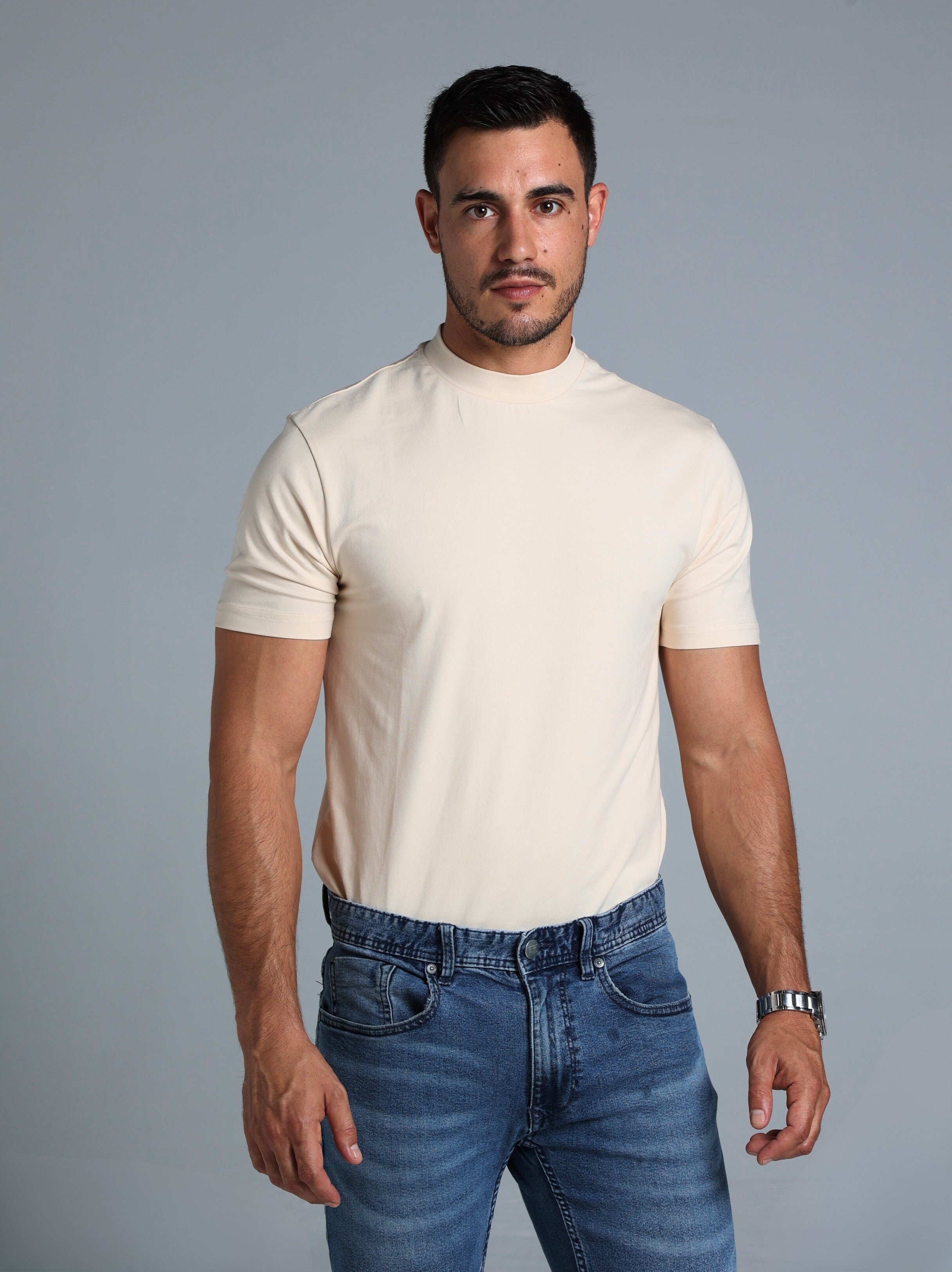 Hi-Neck Supima Cotton T-Shirt - Beige