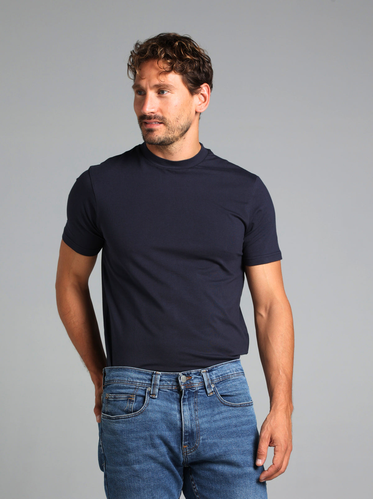 Hi-Neck Pima Cotton T-Shirt - Navy Blue