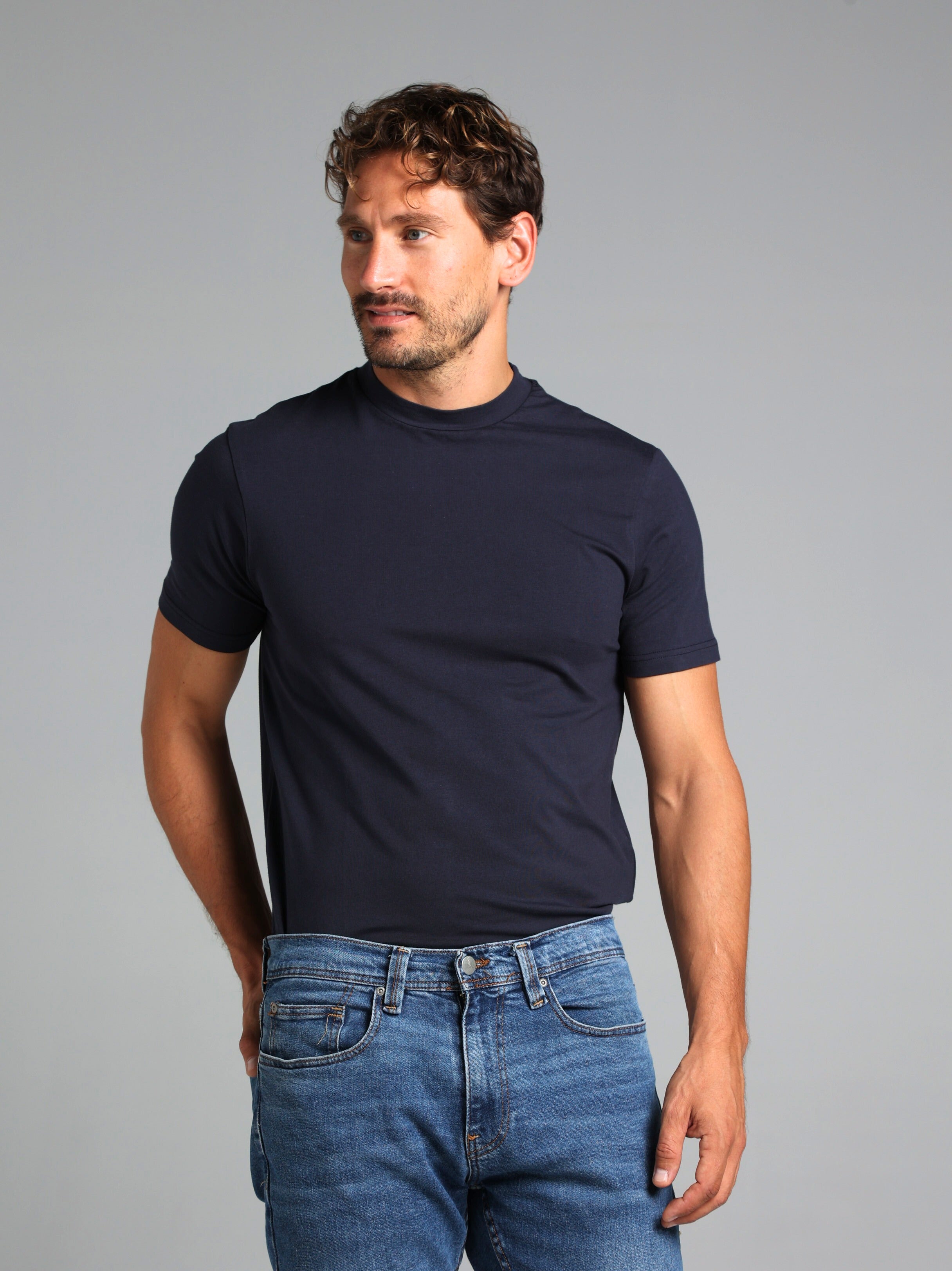 Hi-Neck Supima Cotton T-Shirt - Navy Blue