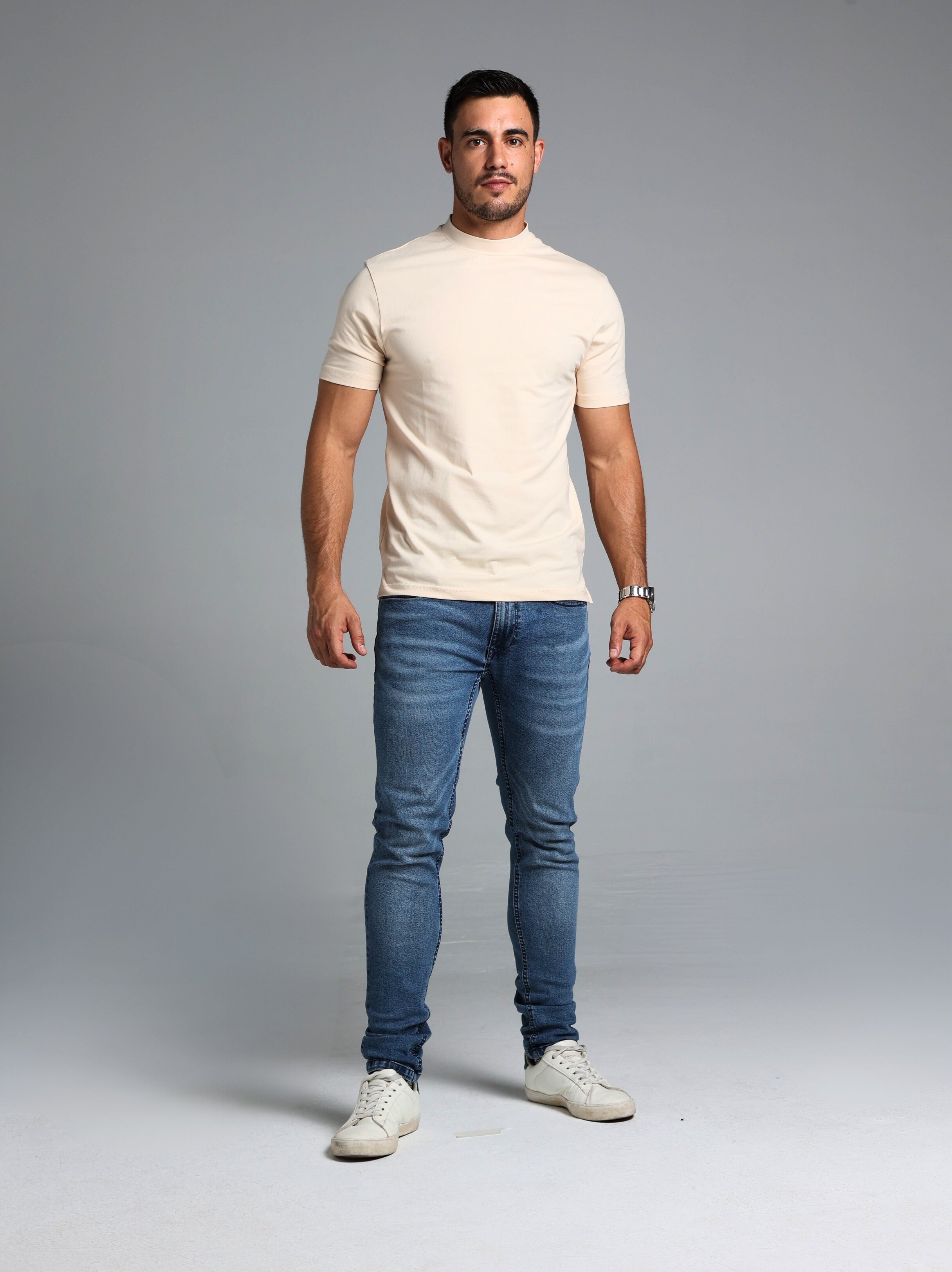 Hi-Neck Supima Cotton T-Shirt - Beige