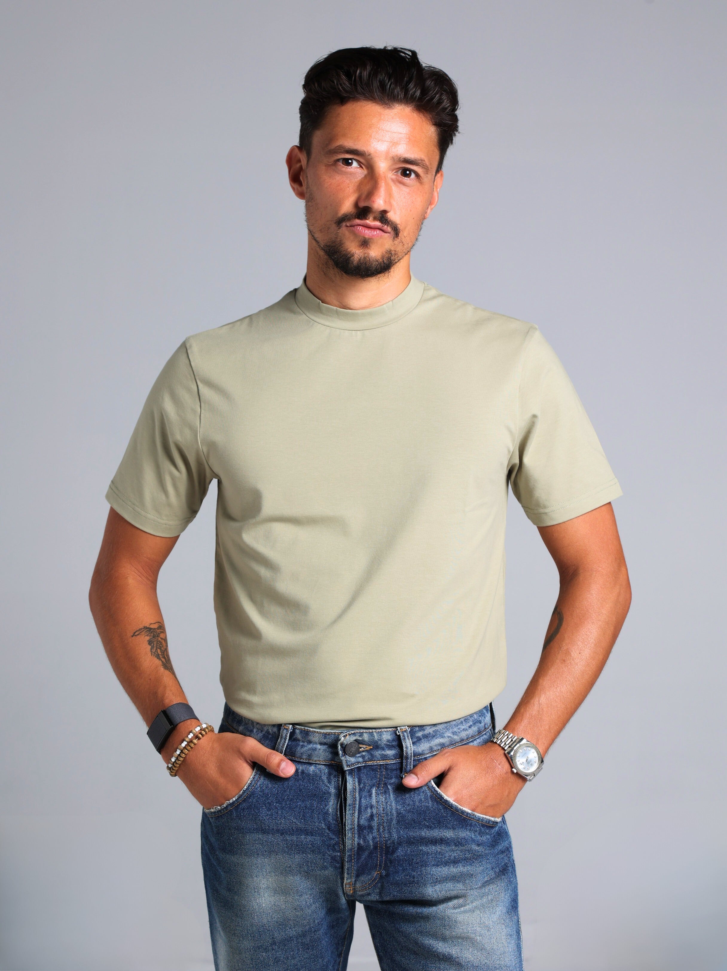 Hi-Neck Supima Cotton T-Shirt - Olive Green