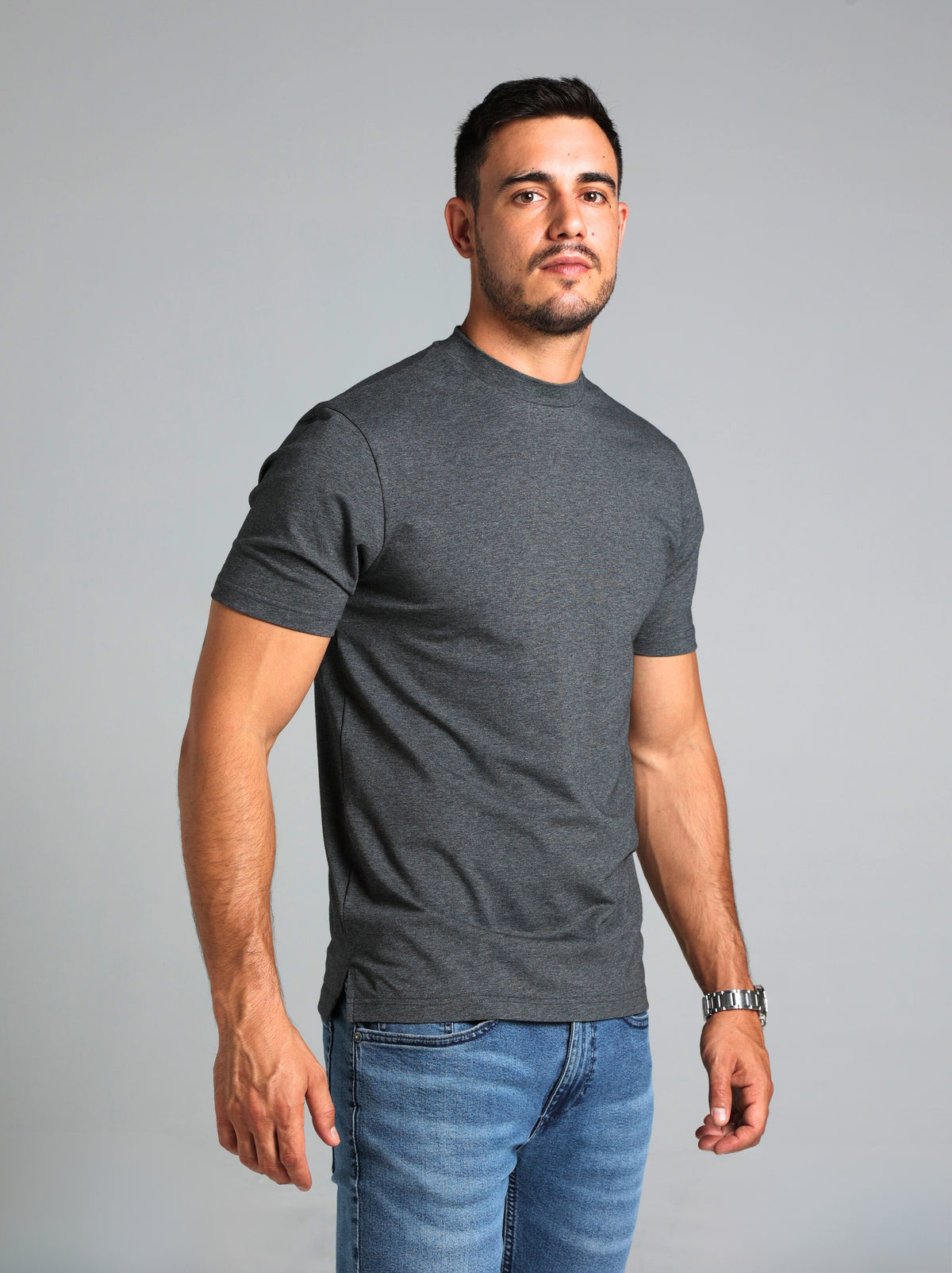 Hi-Neck Pima Cotton T-Shirt - Dark Grey