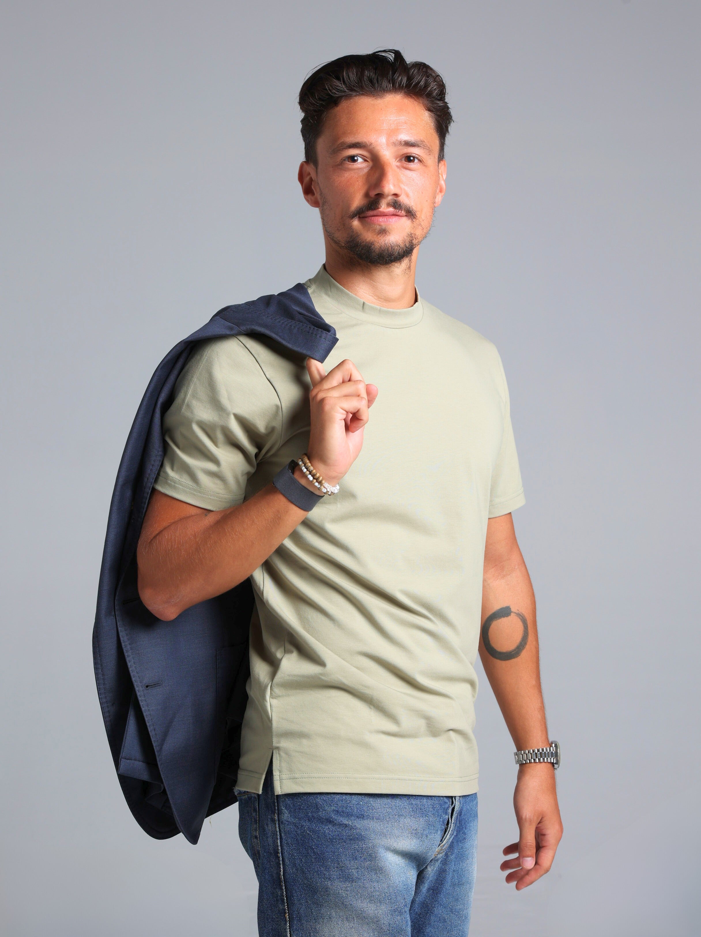 Hi-Neck Supima Cotton T-Shirt - Olive Green