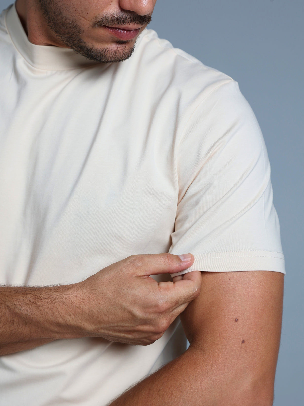 Hi-Neck Pima Cotton T-Shirt - Beige