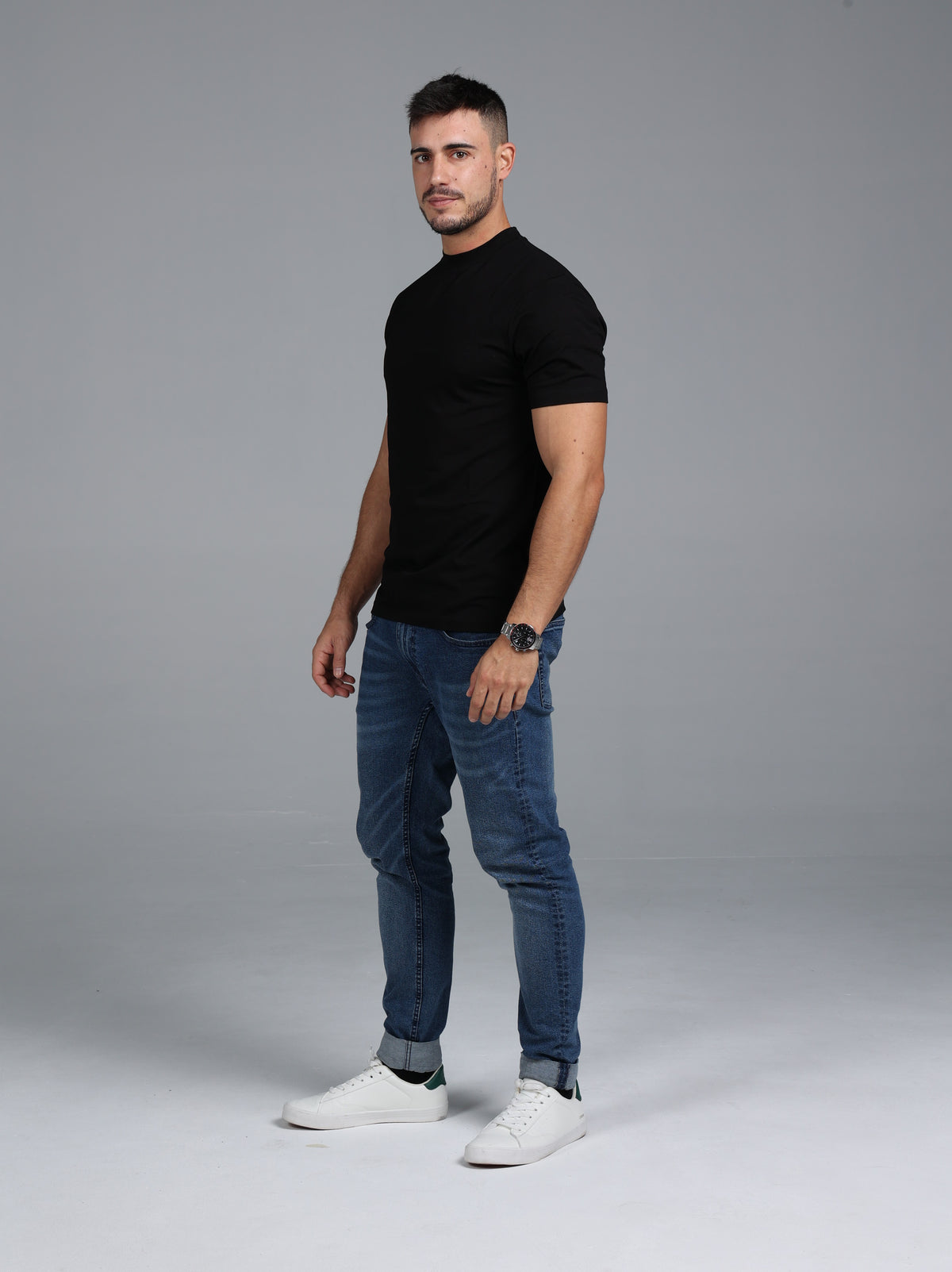 Hi-Neck Pima Cotton T-Shirt - Black