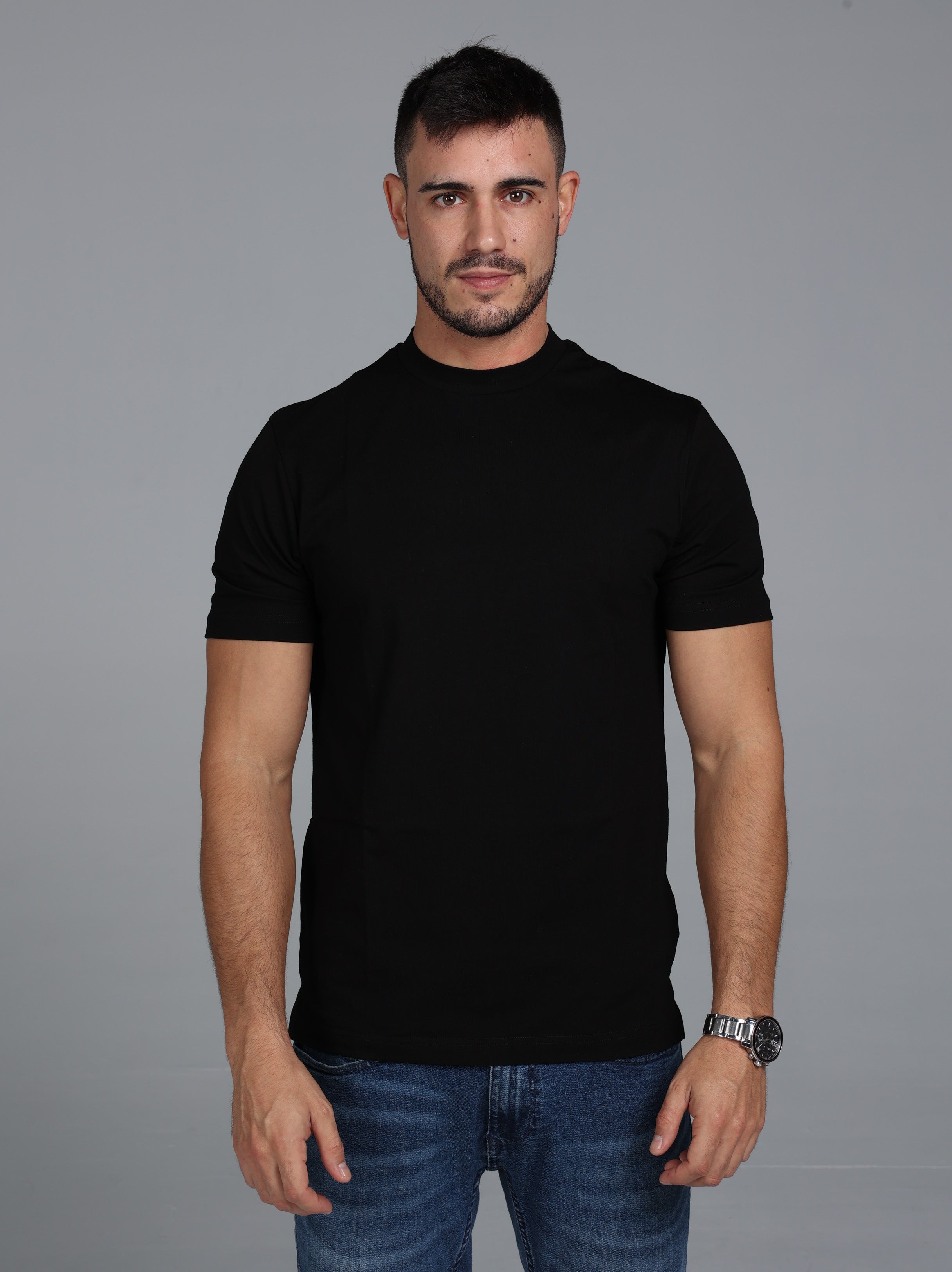 Hi-Neck Supima Cotton T-Shirt - Black