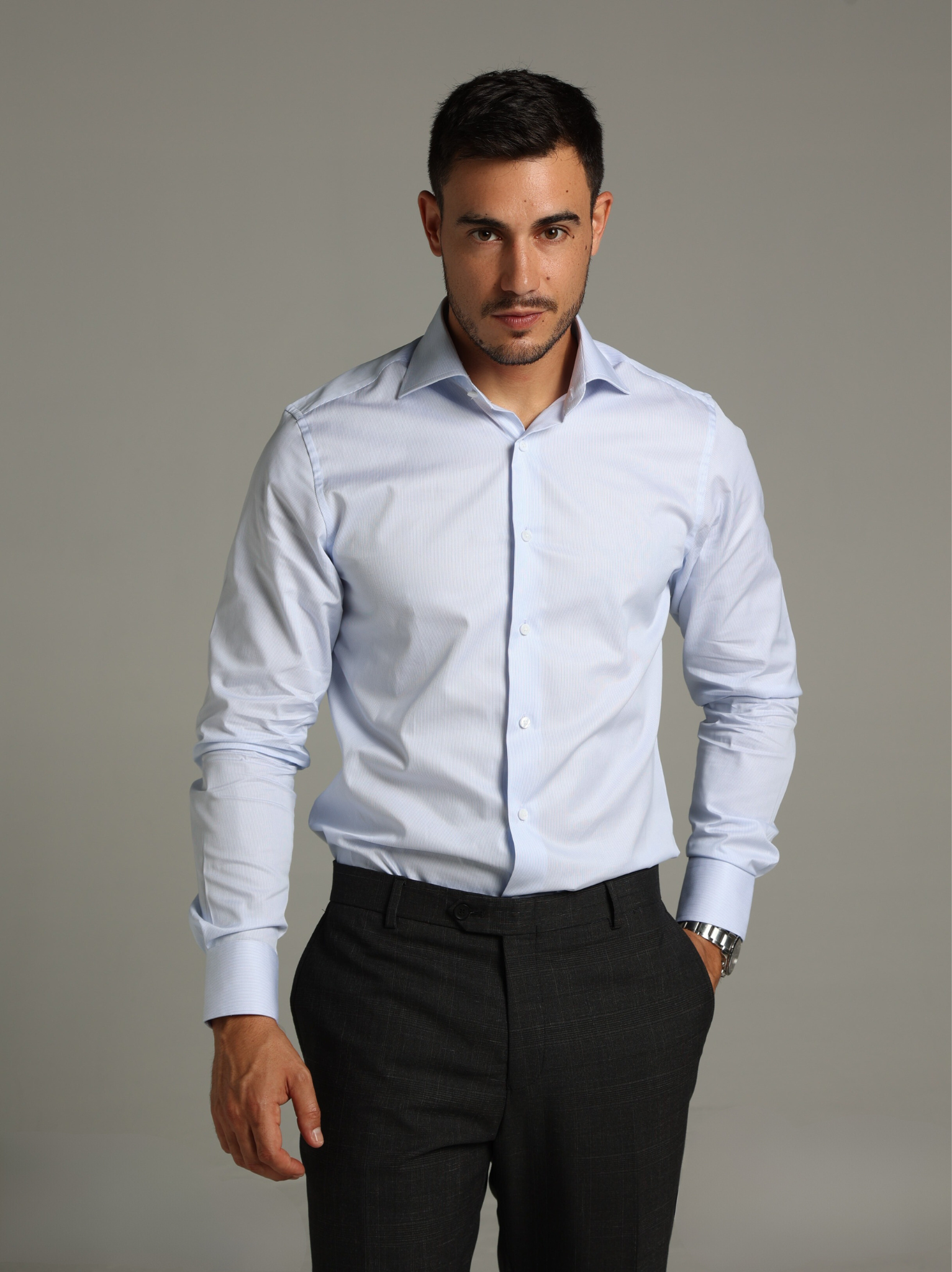 Light Blue Fine Striped Classic Collar Custom Fit Shirt