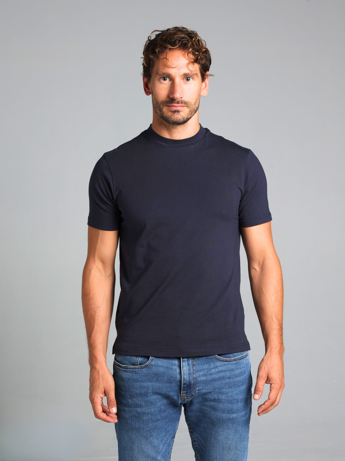 Hi-Neck Pima Cotton T-Shirt - Navy Blue