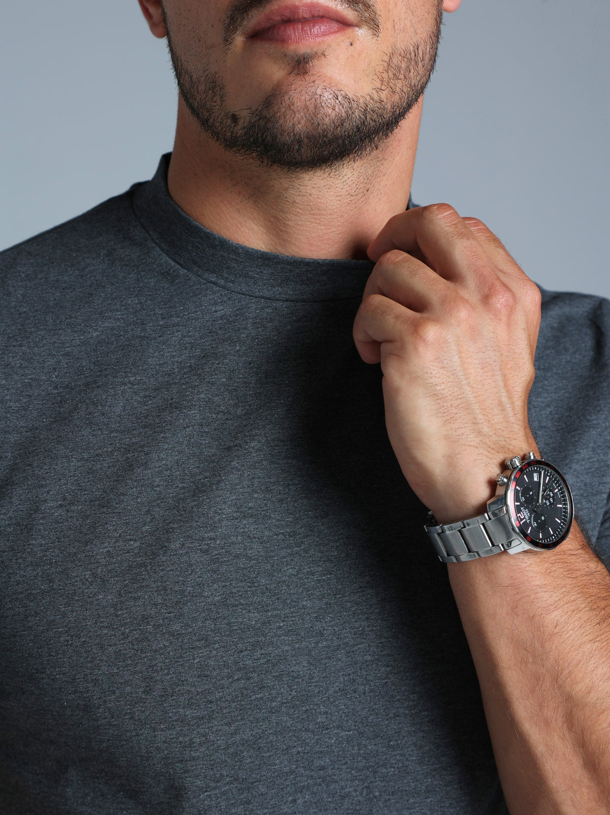 Hi-Neck Pima Cotton T-Shirt - Dark Grey