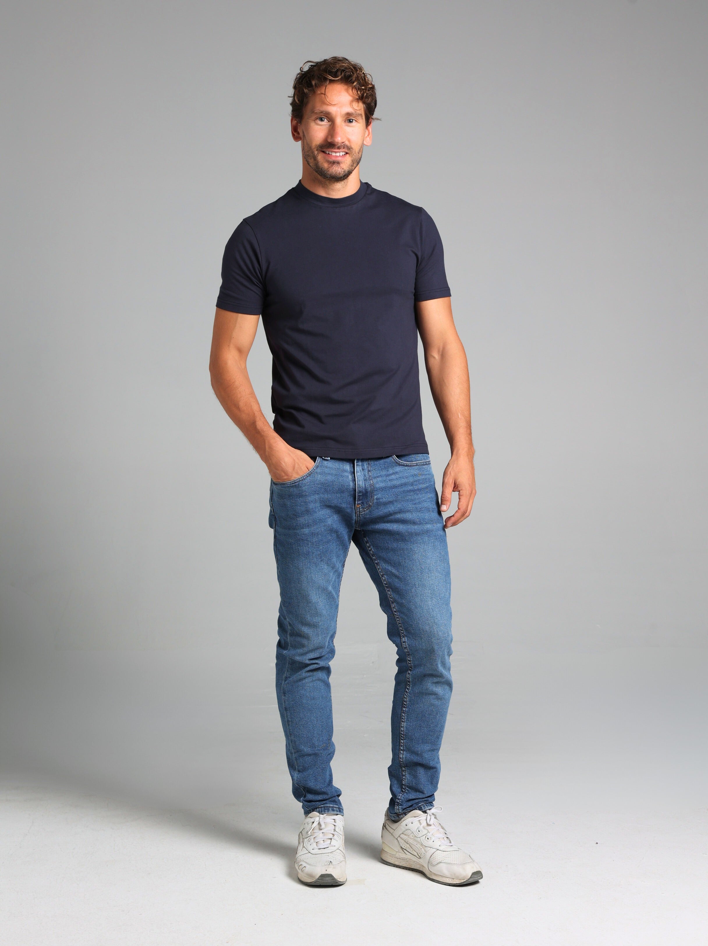 Hi-Neck Supima Cotton T-Shirt - Navy Blue