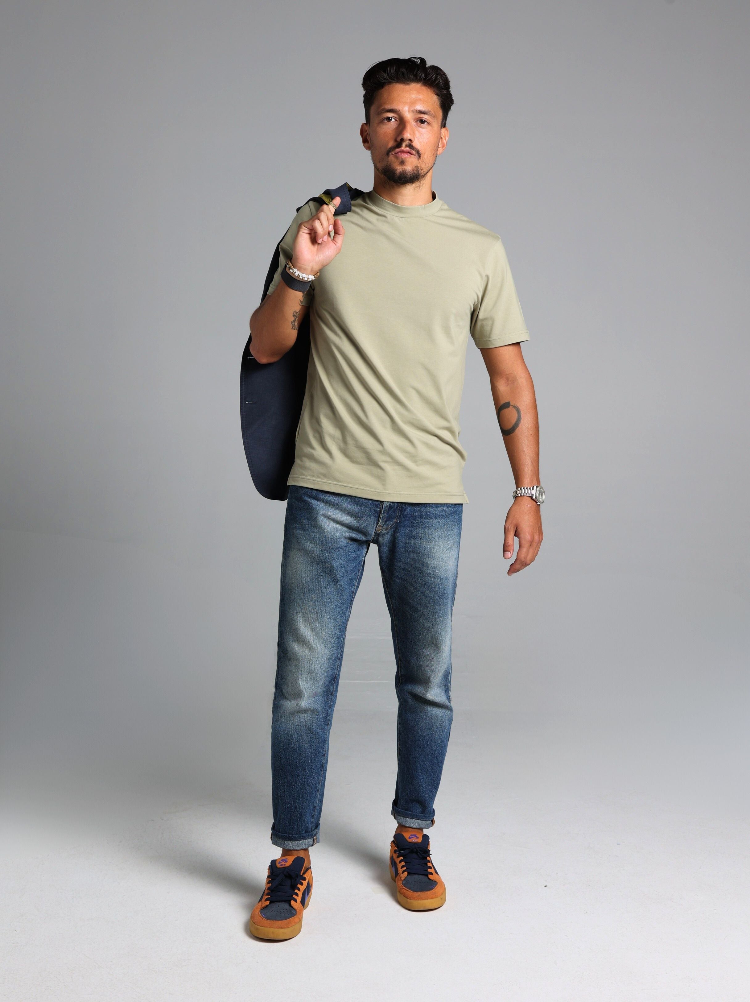 Hi-Neck Supima Cotton T-Shirt - Olive Green