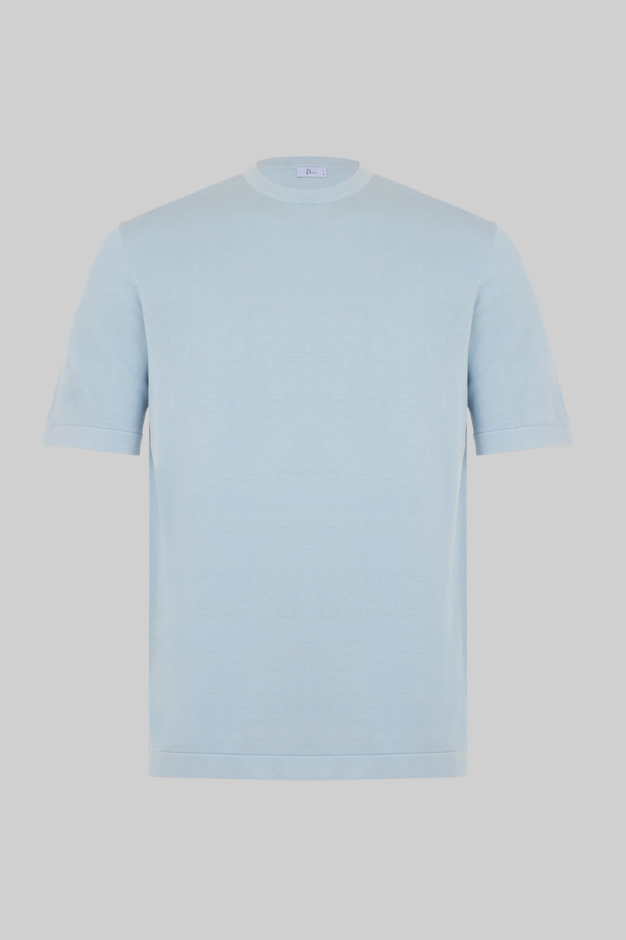 Crew Neck - Knitted Cotton/Silk T- Shirt - Light Blue