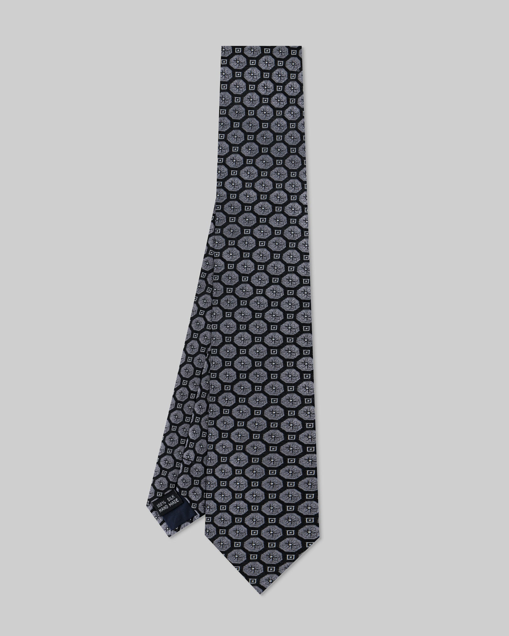 Black Grey Geometric 100% Handmade Silk Tie