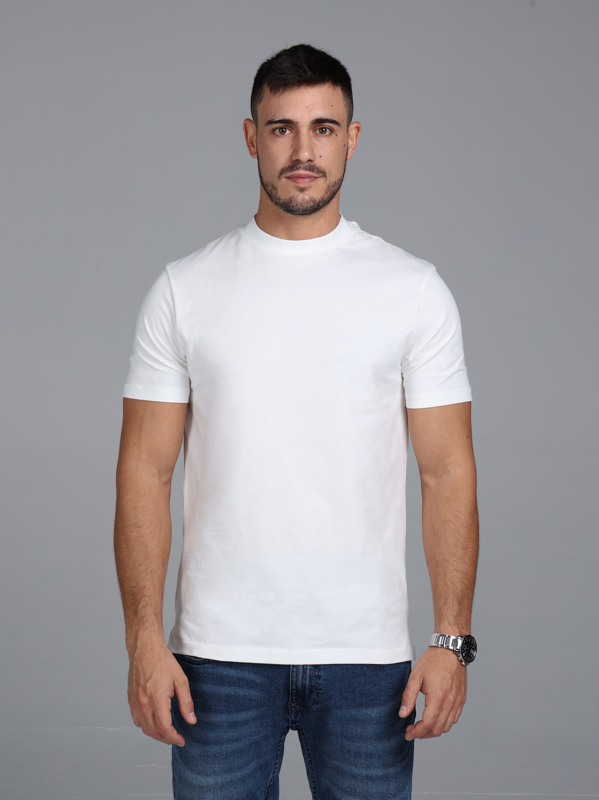 Hi-Neck Pima Cotton T-Shirt - White