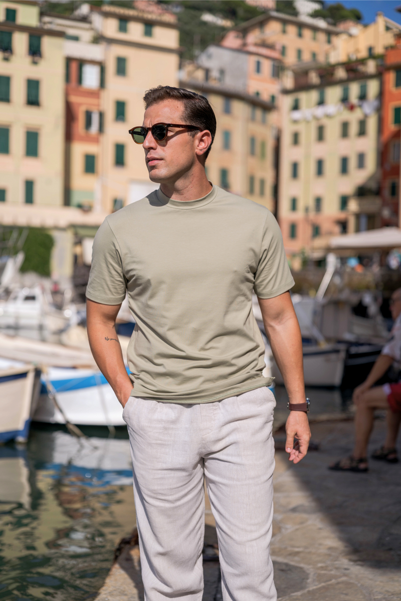 Hi-Neck Pima Cotton T-Shirt - Olive Green