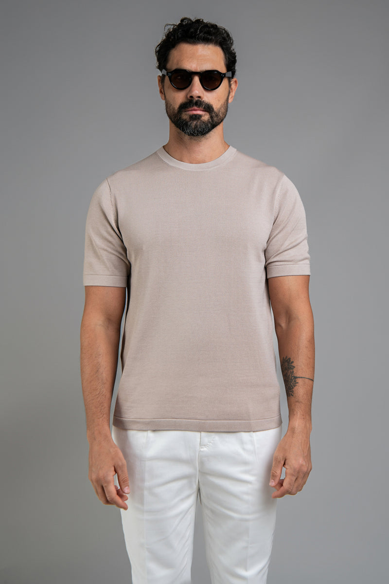 Crew Neck - Knitted Cotton/Silk T- Shirt - Light Taupe