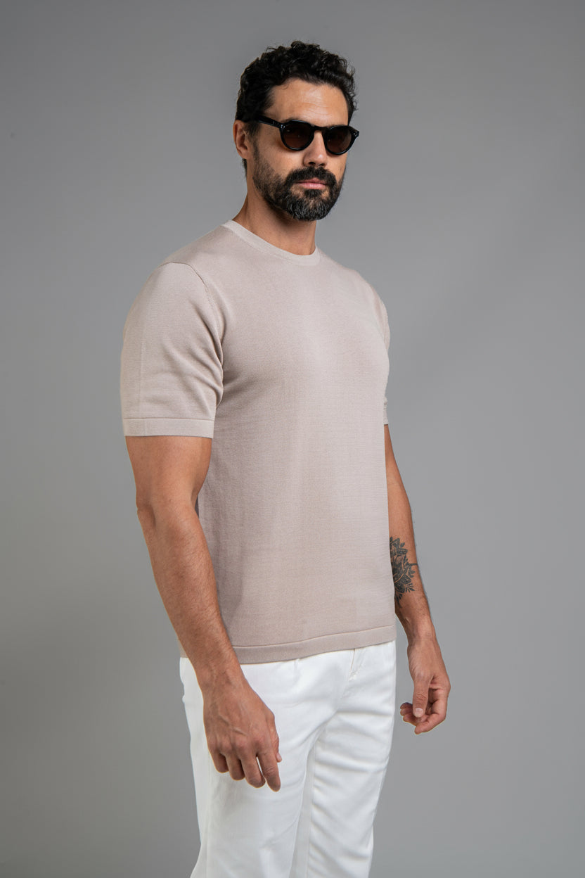 Crew Neck - Knitted Cotton/Silk T- Shirt - Light Taupe