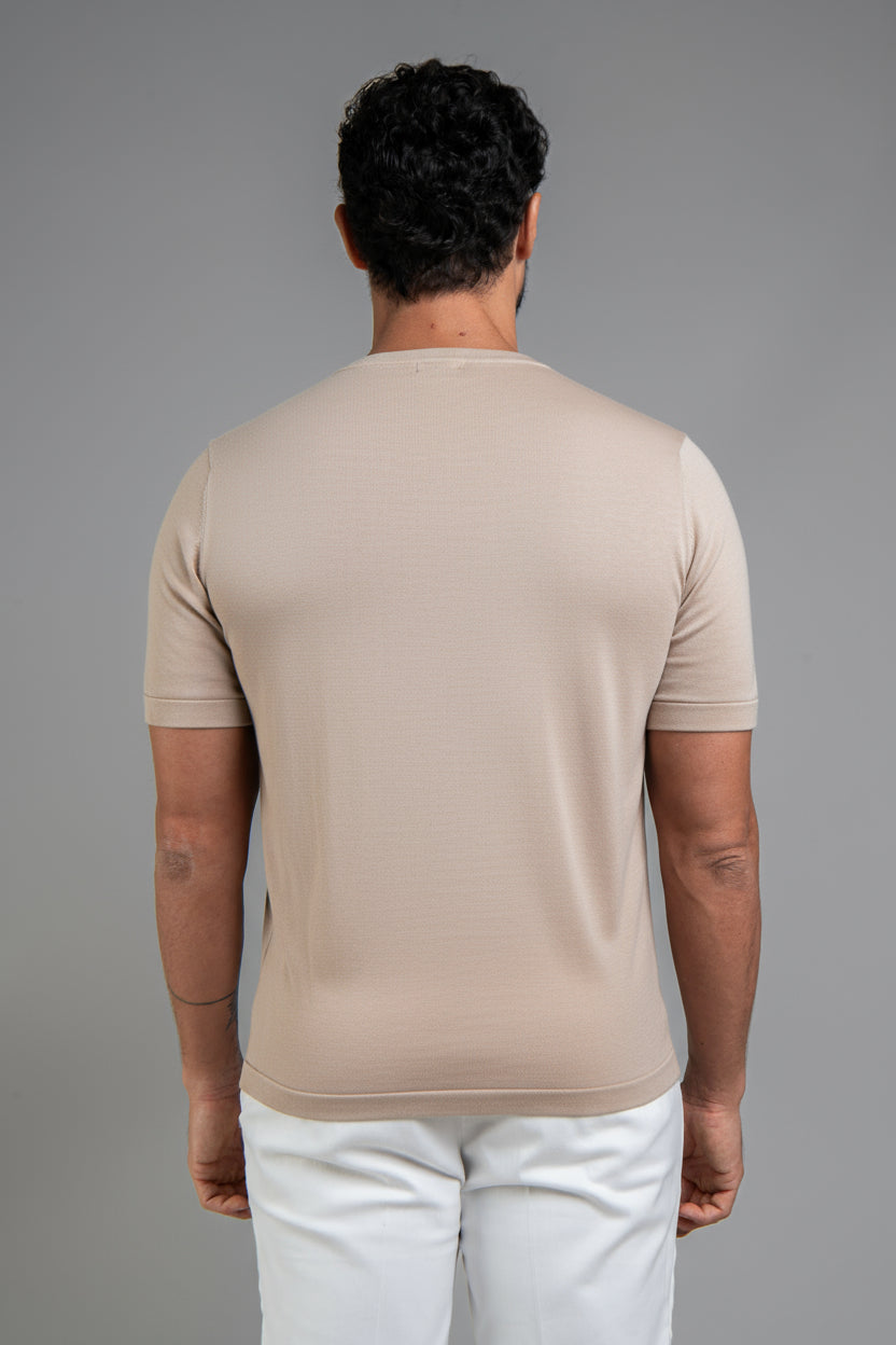 Crew Neck - Knitted Cotton/Silk T- Shirt - Light Taupe