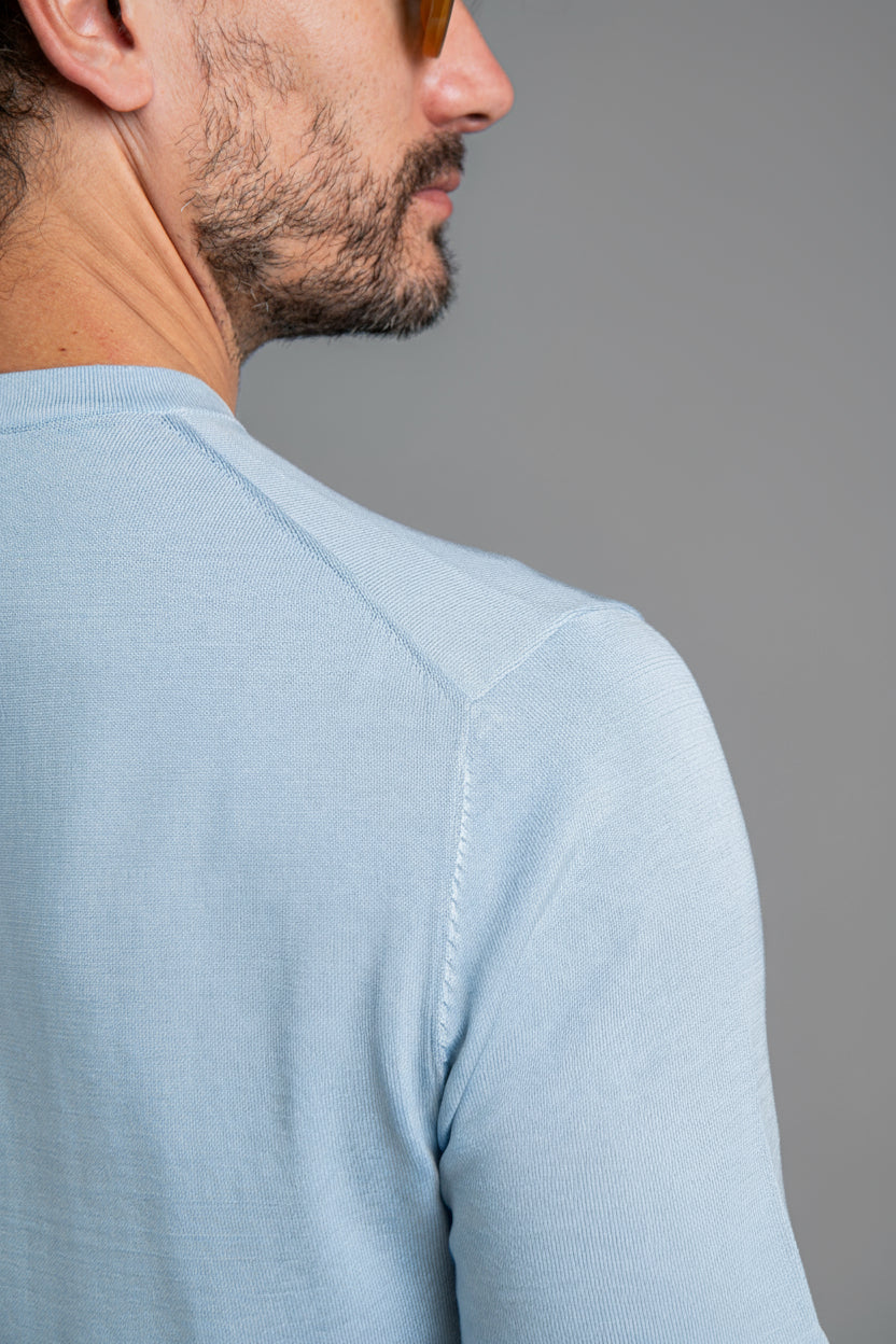 Crew Neck - Knitted Cotton/Silk T- Shirt - Light Blue