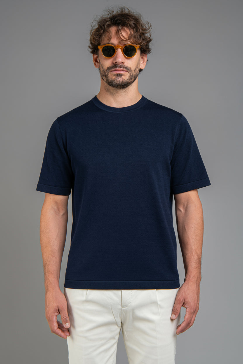 Crew Neck - Knitted Cotton/Silk T- Shirt - Navy Blue