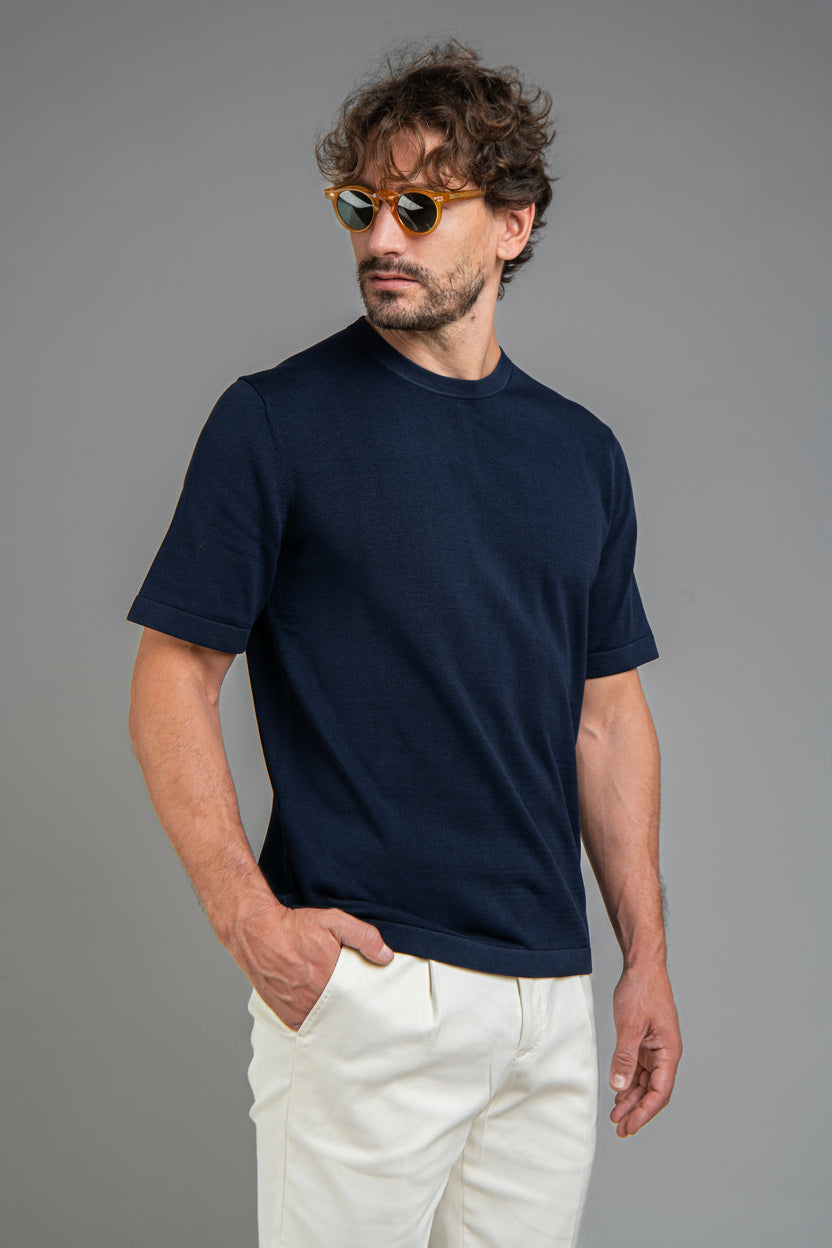 Crew Neck - Knitted Cotton/Silk T- Shirt - Navy Blue