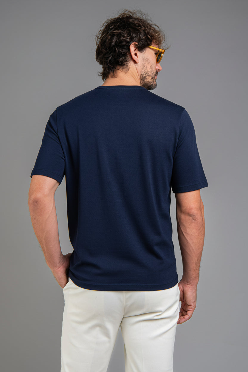 Crew Neck - Knitted Cotton/Silk T- Shirt - Navy Blue