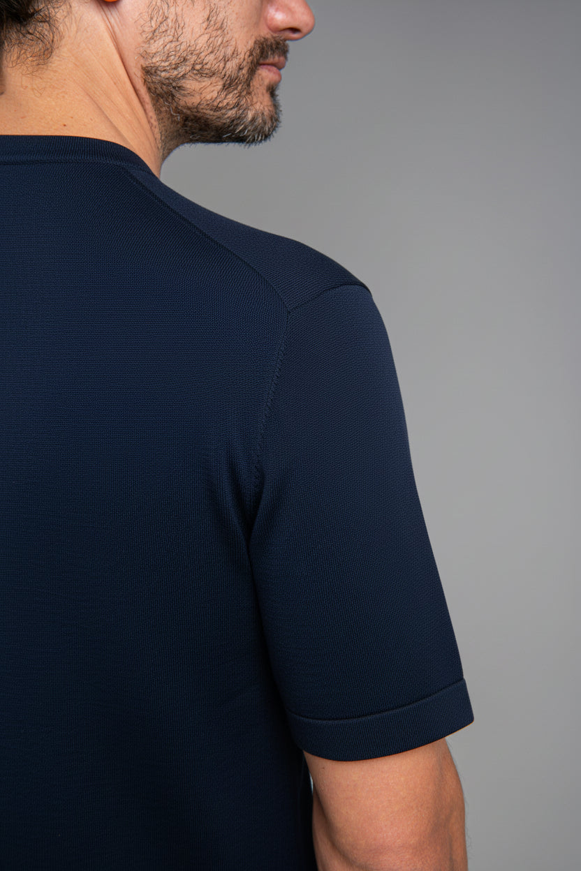 Crew Neck - Knitted Cotton/Silk T- Shirt - Navy Blue