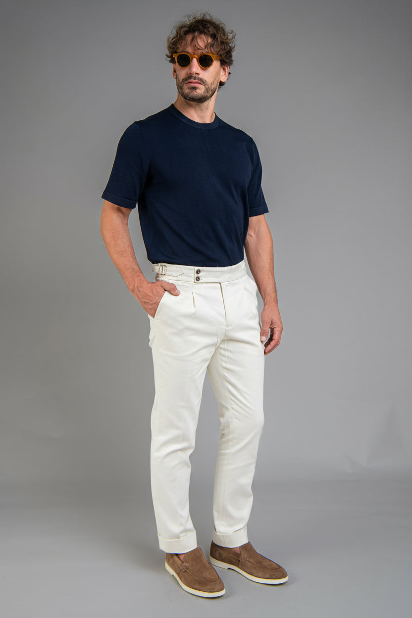 Crew Neck - Knitted Cotton/Silk T- Shirt - Navy Blue