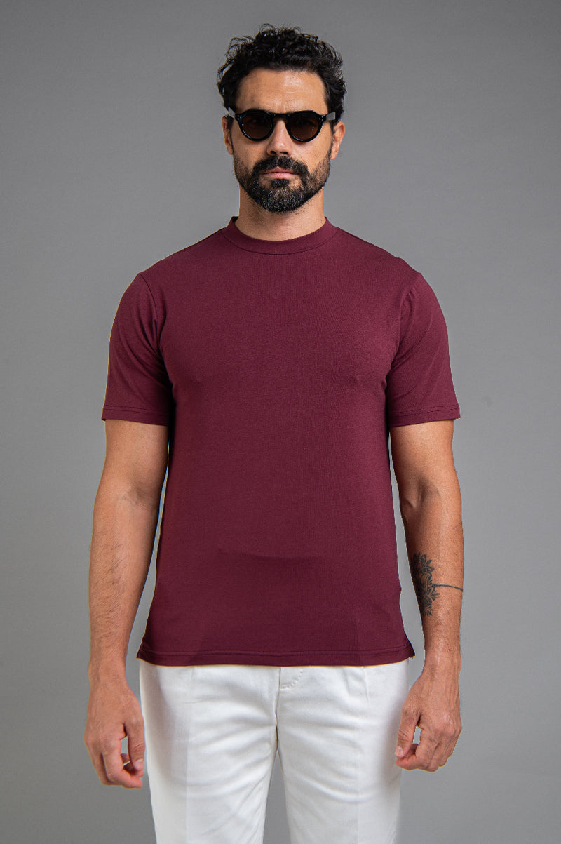 Hi-Neck Pima Cotton T-Shirt - Burgundy