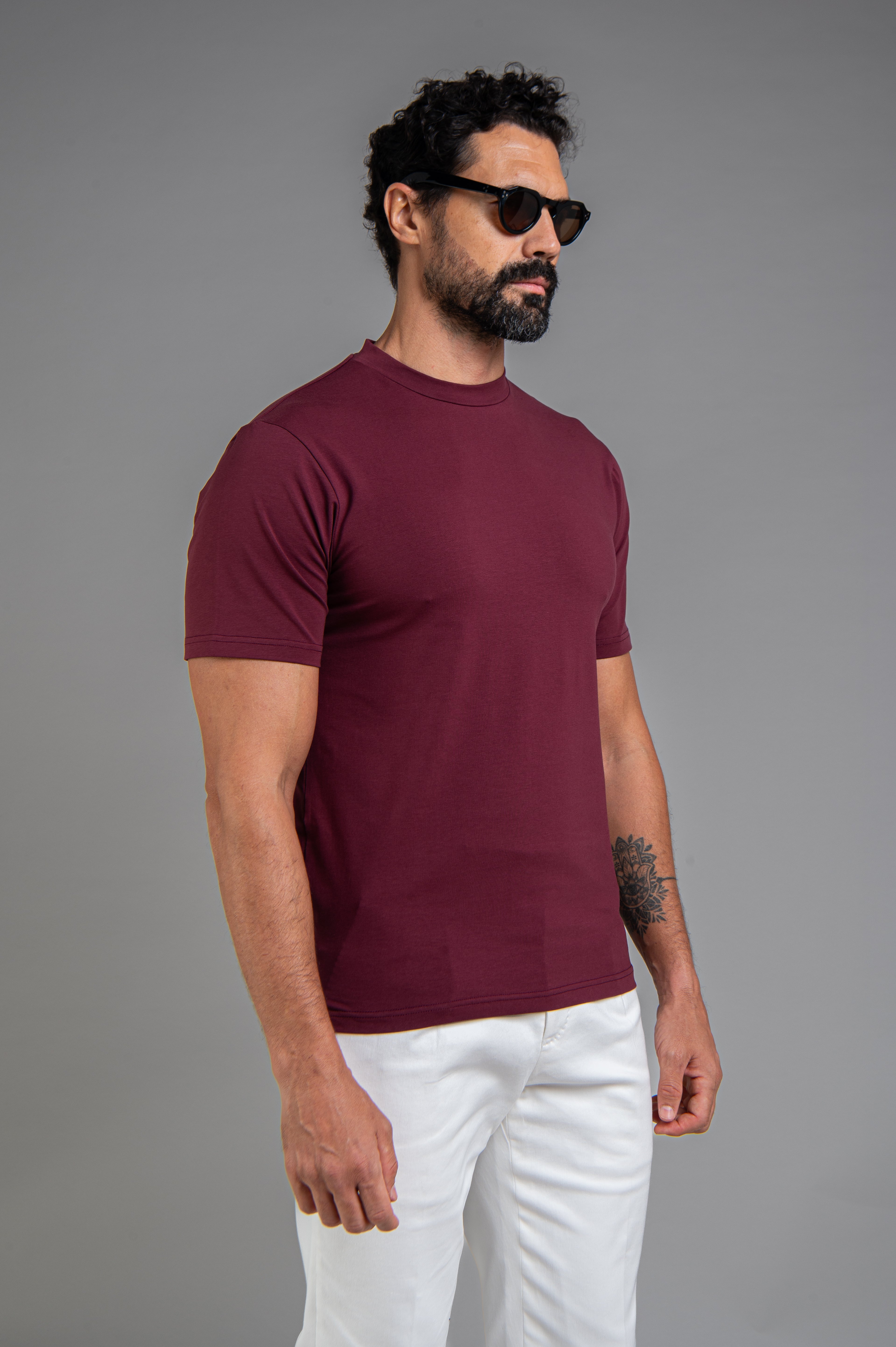 Hi-Neck Pima Cotton T-Shirt - Burgundy